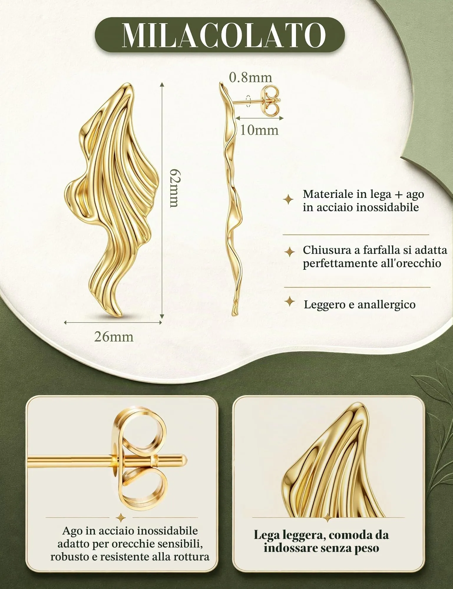 Milacolato Orecchini Donna Statement in Oro Anallergici - immagine 3