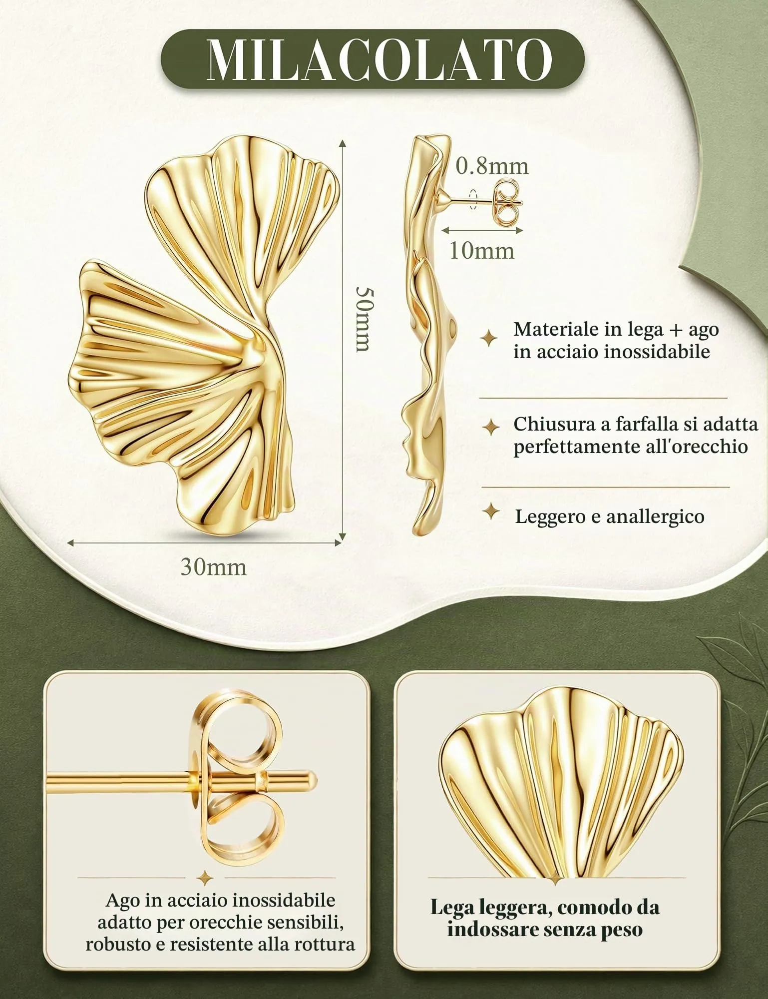 Milacolato Orecchini Statement Donna Oro Anallergici - immagine 3