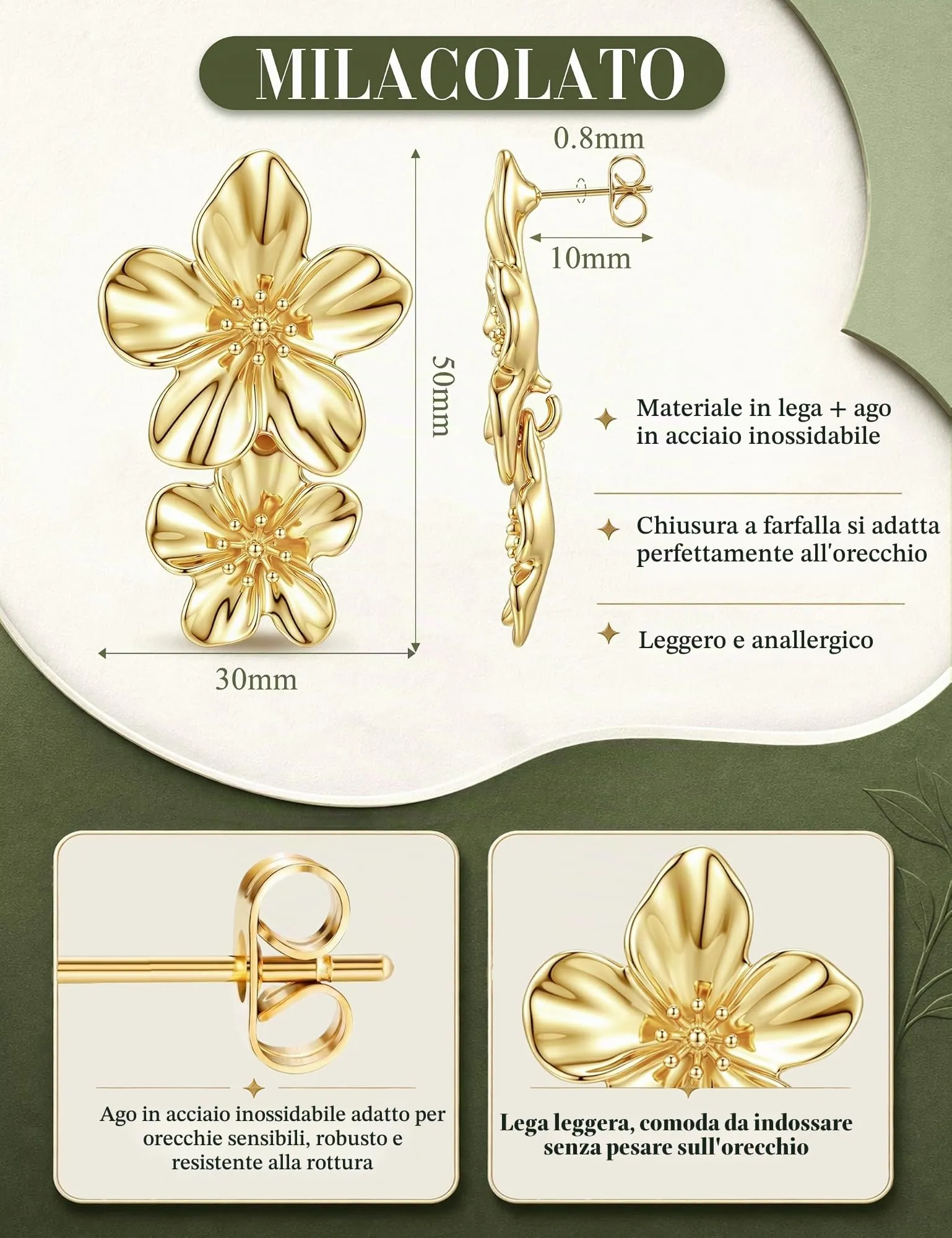 Milacolato Orecchini Donna Oro Statement Floreali Anallergici in Acciaio Inossidabile MLU-LJYER07-B - immagine 3