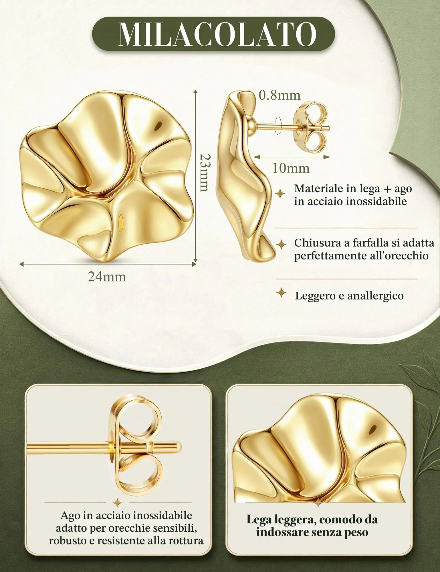 Milacolato Orecchini Statement Donna Oro Anallergici - immagine 3