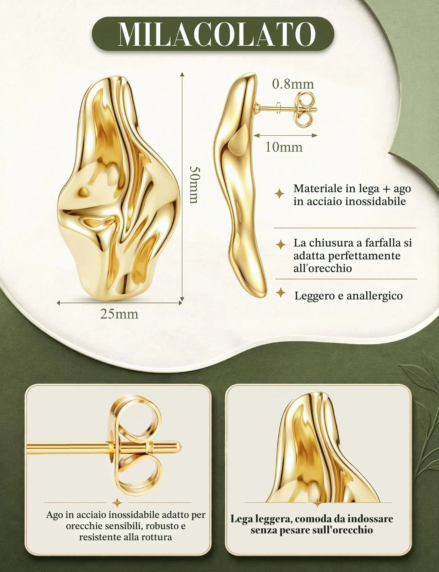 Milacolato Orecchini Donna Oro Statement Anallergici - immagine 3
