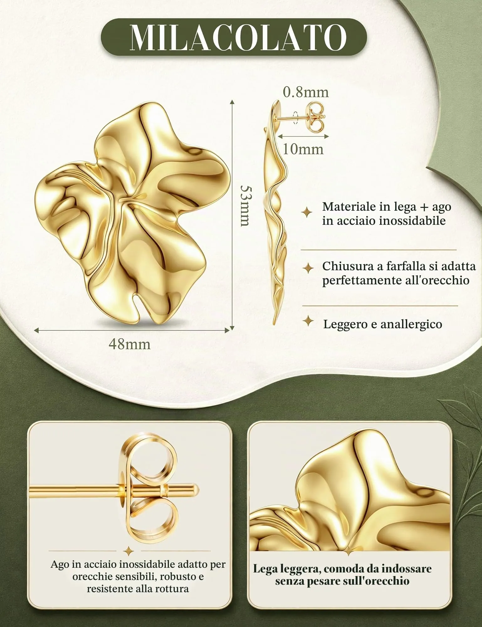 Milacolato Orecchini Donna Oro Statement Floreale Anallergici in Acciaio Inossidabile - immagine 3