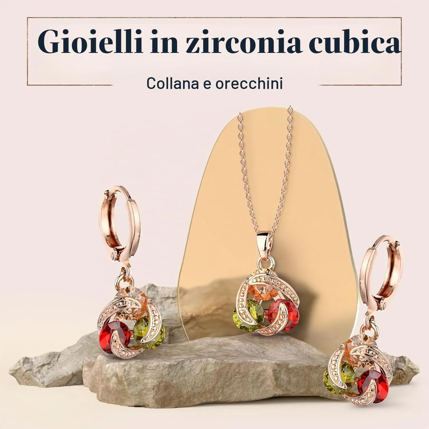 Crystalline Azuria Donna Parure in Oro Rosa 18ct con Cristalli Colorati e Zirconi, Collana con Ciondolo 45 cm e Orecchini Pendenti - immagine 2