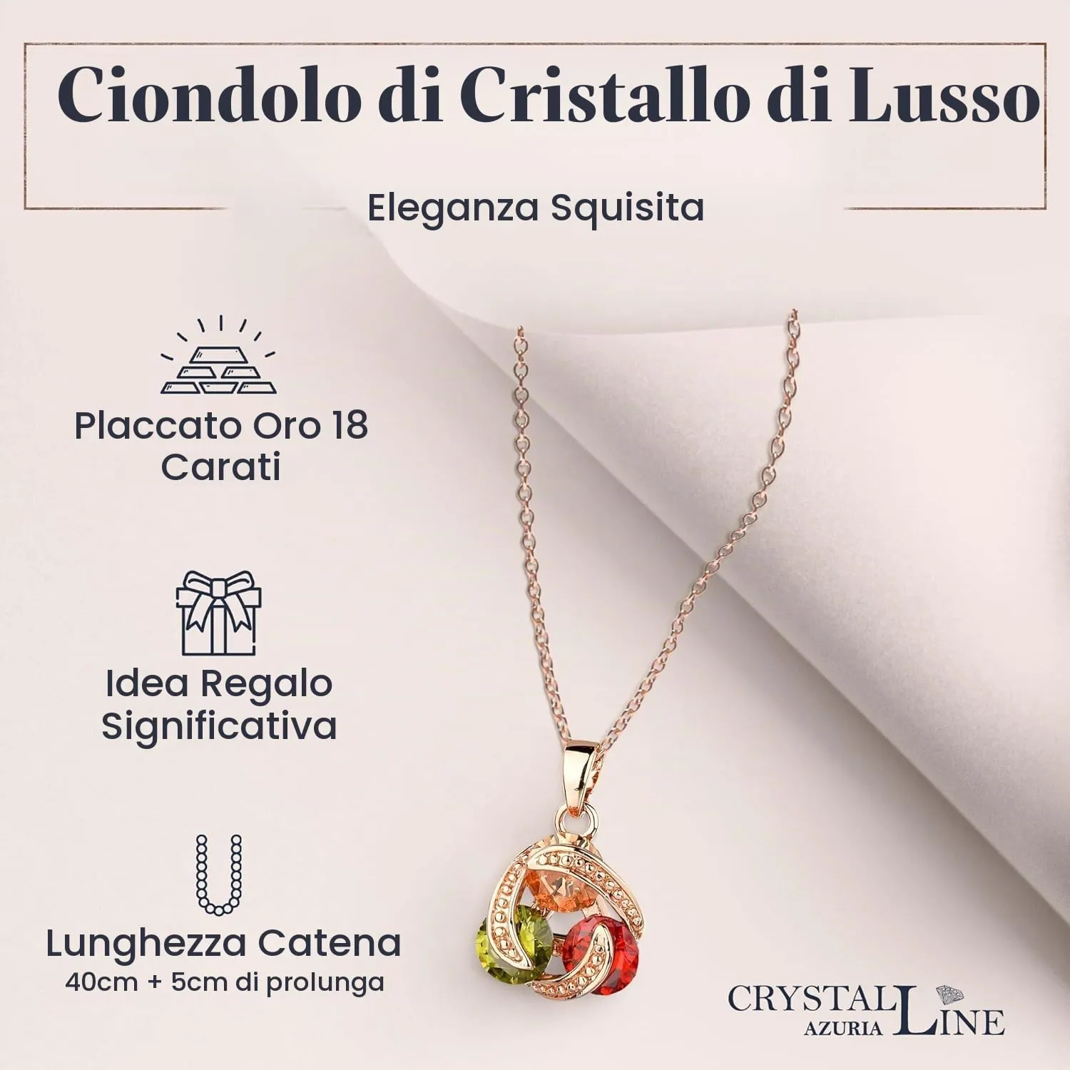 Crystalline Azuria Donna Parure in Oro Rosa 18ct con Cristalli Colorati e Zirconi, Collana con Ciondolo 45 cm e Orecchini Pendenti - immagine 4
