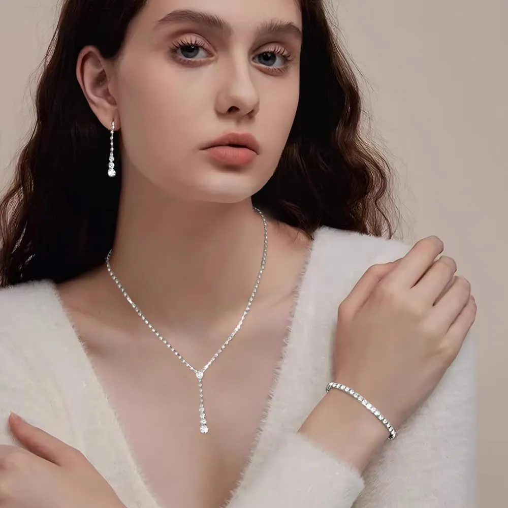 XFSRG Set di Gioielli Donna con Collana, Orecchini e Bracciale in Strass e Zirconi (Argento) - immagine 4