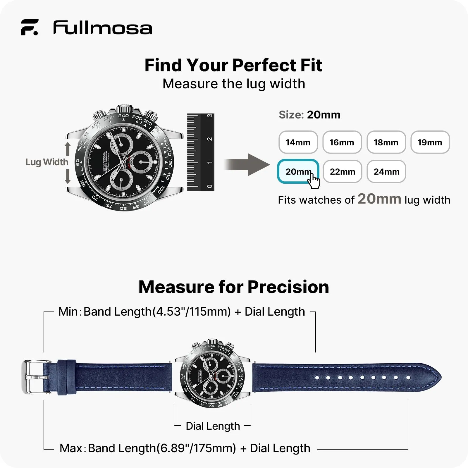 Fullmosa Cinturino Orologio 20mm in Vera Pelle a Sgancio Rapido, Blu - immagine 5
