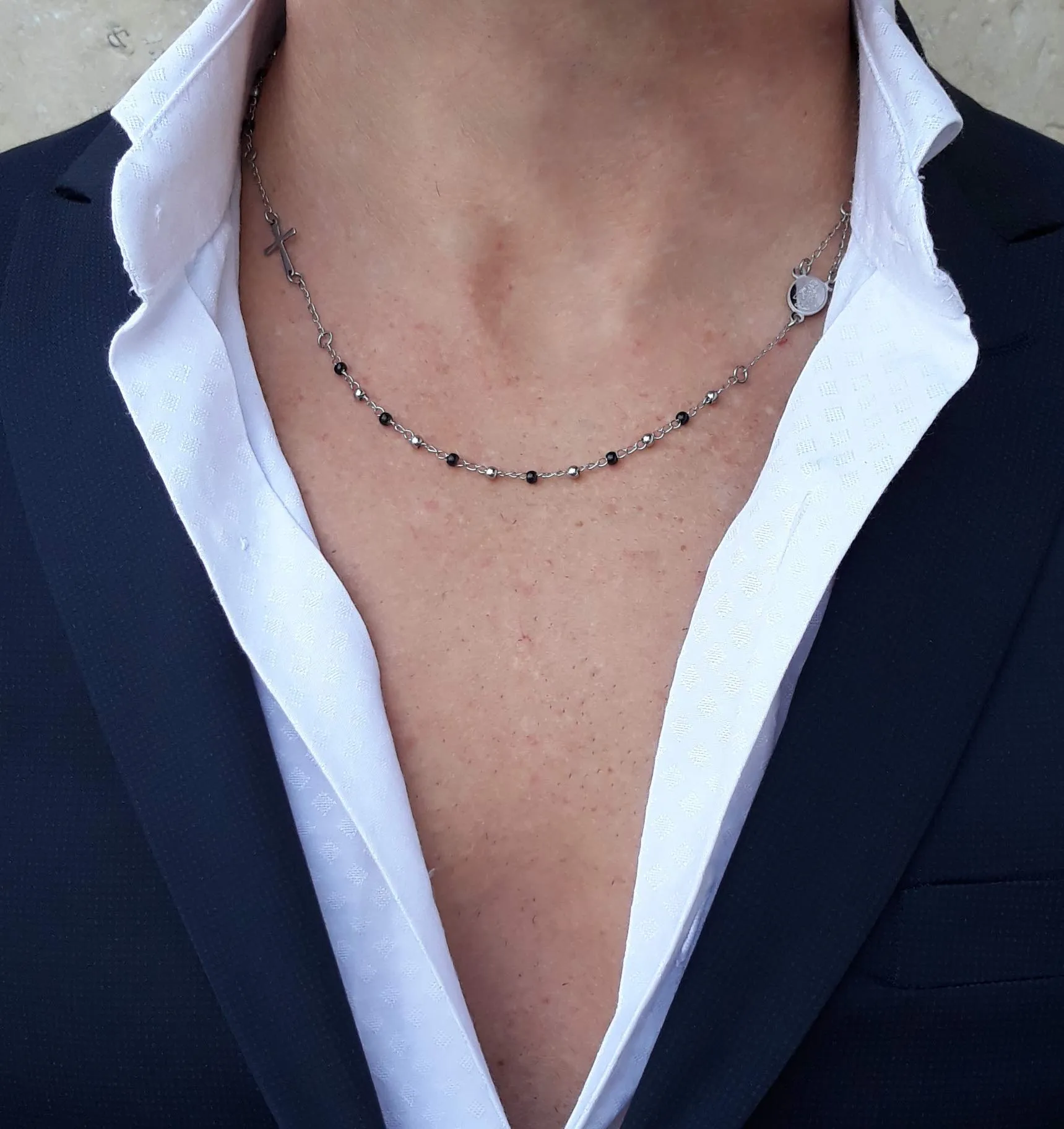 Saga Gioielli Collana Rosario Unisex Girogola Sfere Nere e Argento in Acciaio Inossidabile, 48 cm - immagine 3