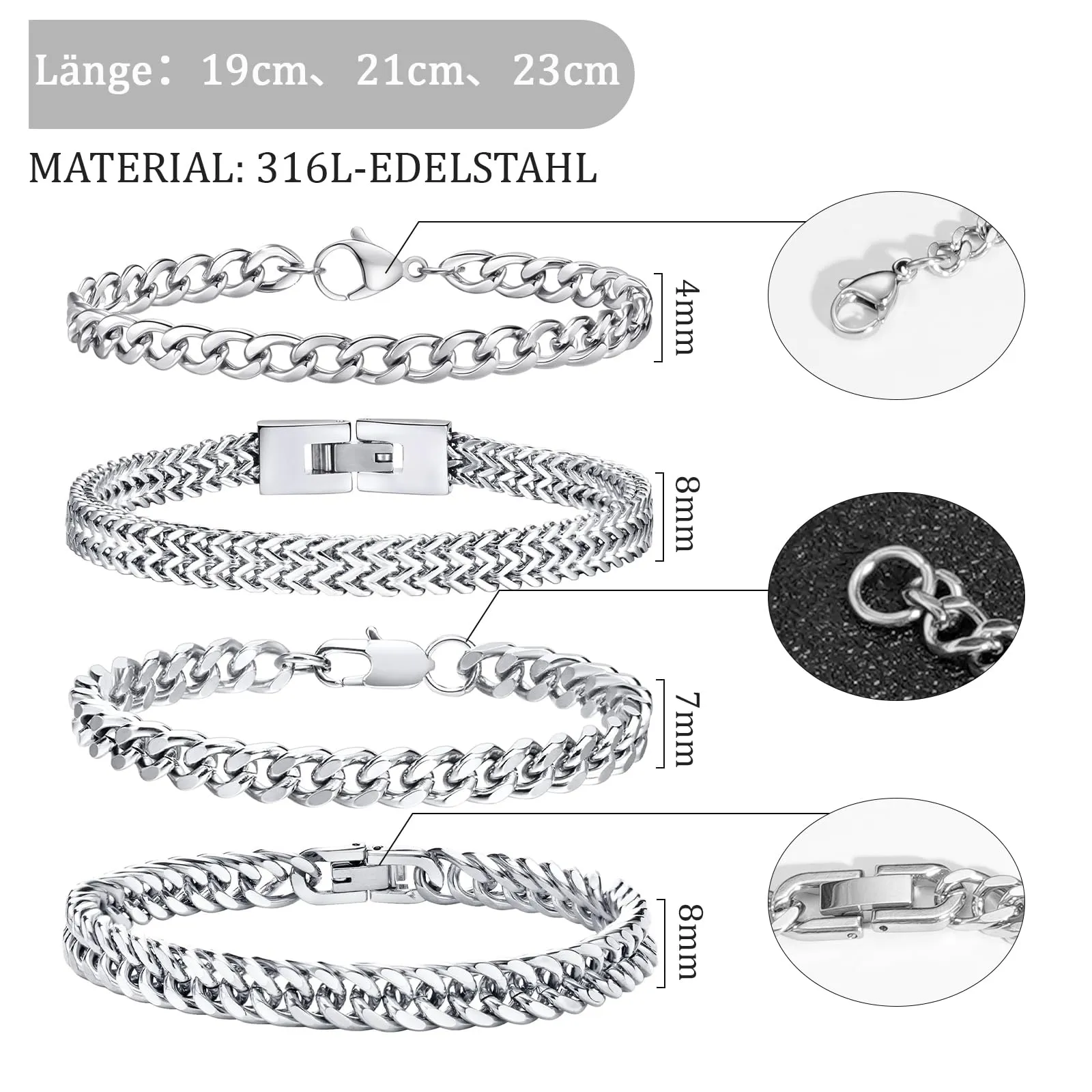 Esmoly Bracciale Uomo Catena Cubana in Acciaio Inossidabile 316L, Argento, 19cm - immagine 4