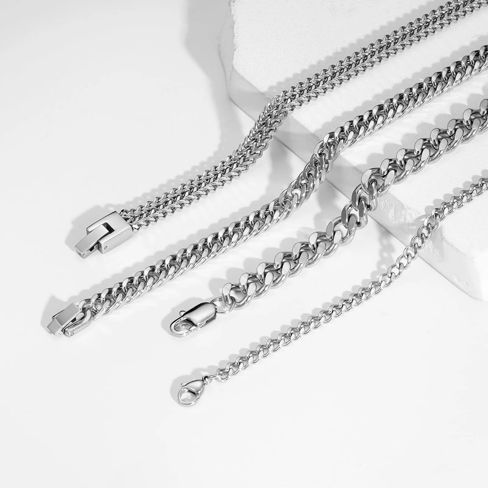 Esmoly Bracciale Uomo Catena Cubana in Acciaio Inossidabile 316L, Argento, 19cm - immagine 5