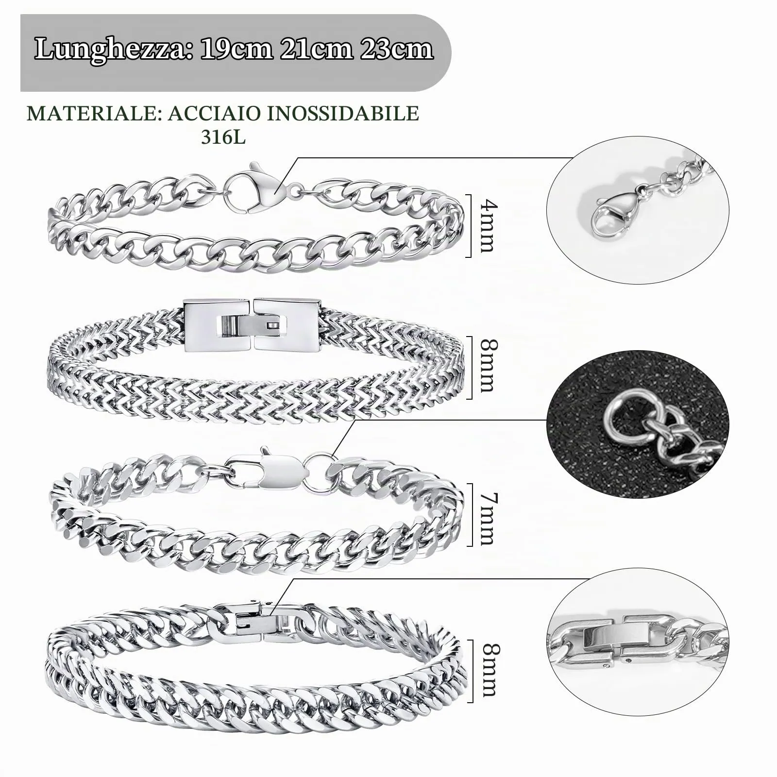 Esmoly Bracciale Uomo Catena Cubana in Acciaio Inossidabile 316L, Oro, 23 cm - immagine 5