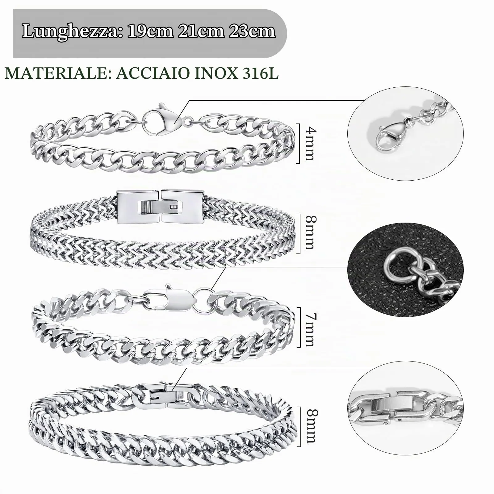 Esmoly Bracciale Uomo Catena Cubana in Acciaio Inossidabile 316L, Nero, 19cm - immagine 5