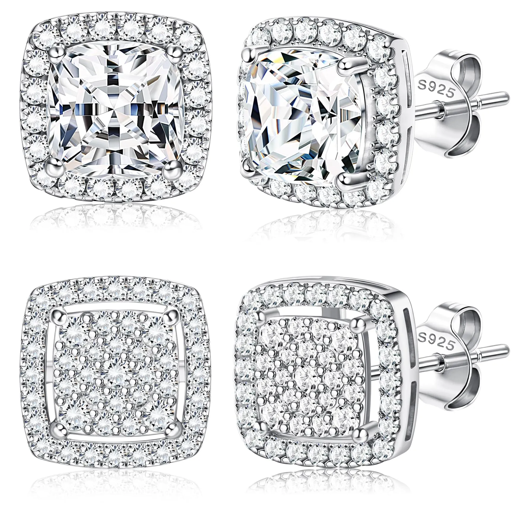 Dochais Set di 2 Paia di Orecchini in Argento 925 Placcato Oro 14K con Zirconi Cubici Rotondi e Quadrati per Donna e Uomo - immagine 1