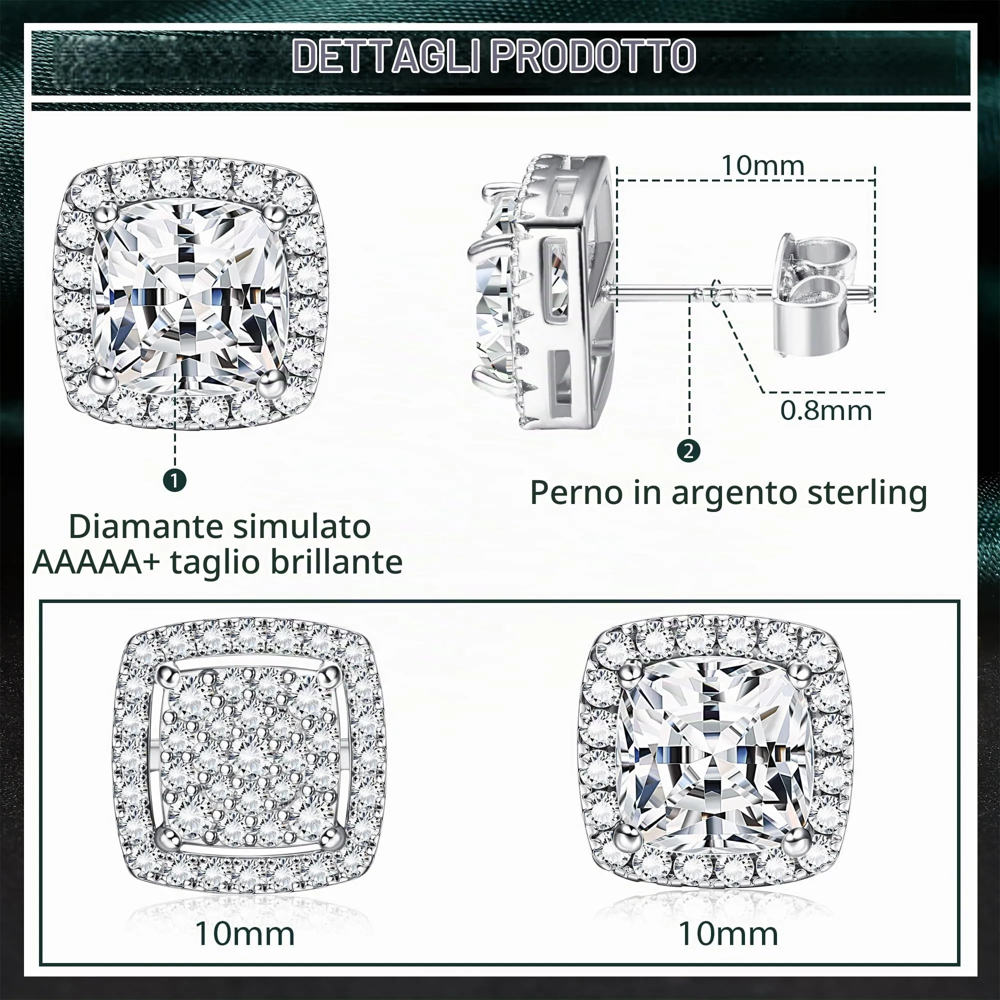 Dochais Set di 2 Paia di Orecchini in Argento 925 Placcato Oro 14K con Zirconi Cubici Rotondi e Quadrati per Donna e Uomo - immagine 2