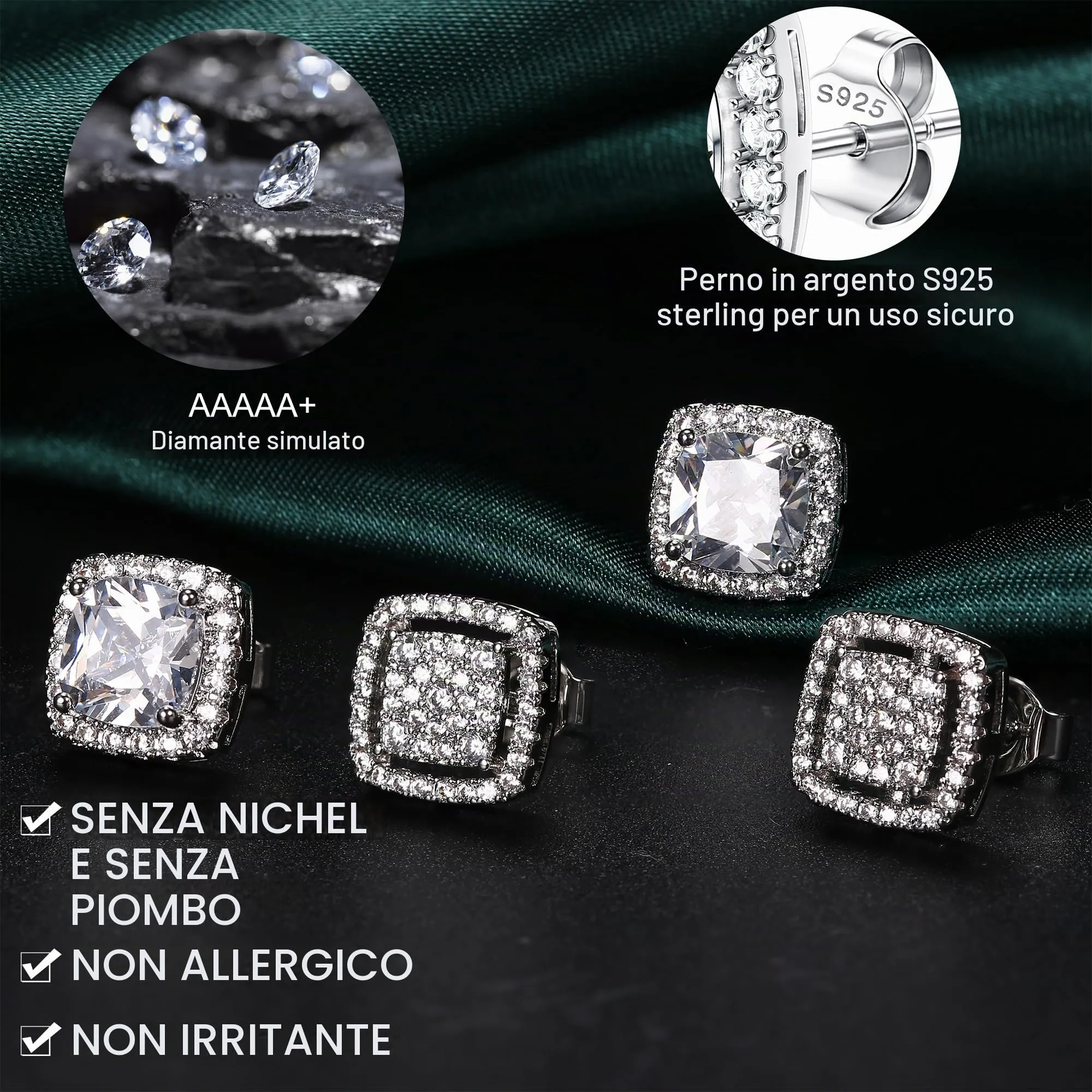 Dochais Set di 2 Paia di Orecchini in Argento 925 Placcato Oro 14K con Zirconi Cubici Rotondi e Quadrati per Donna e Uomo - immagine 3