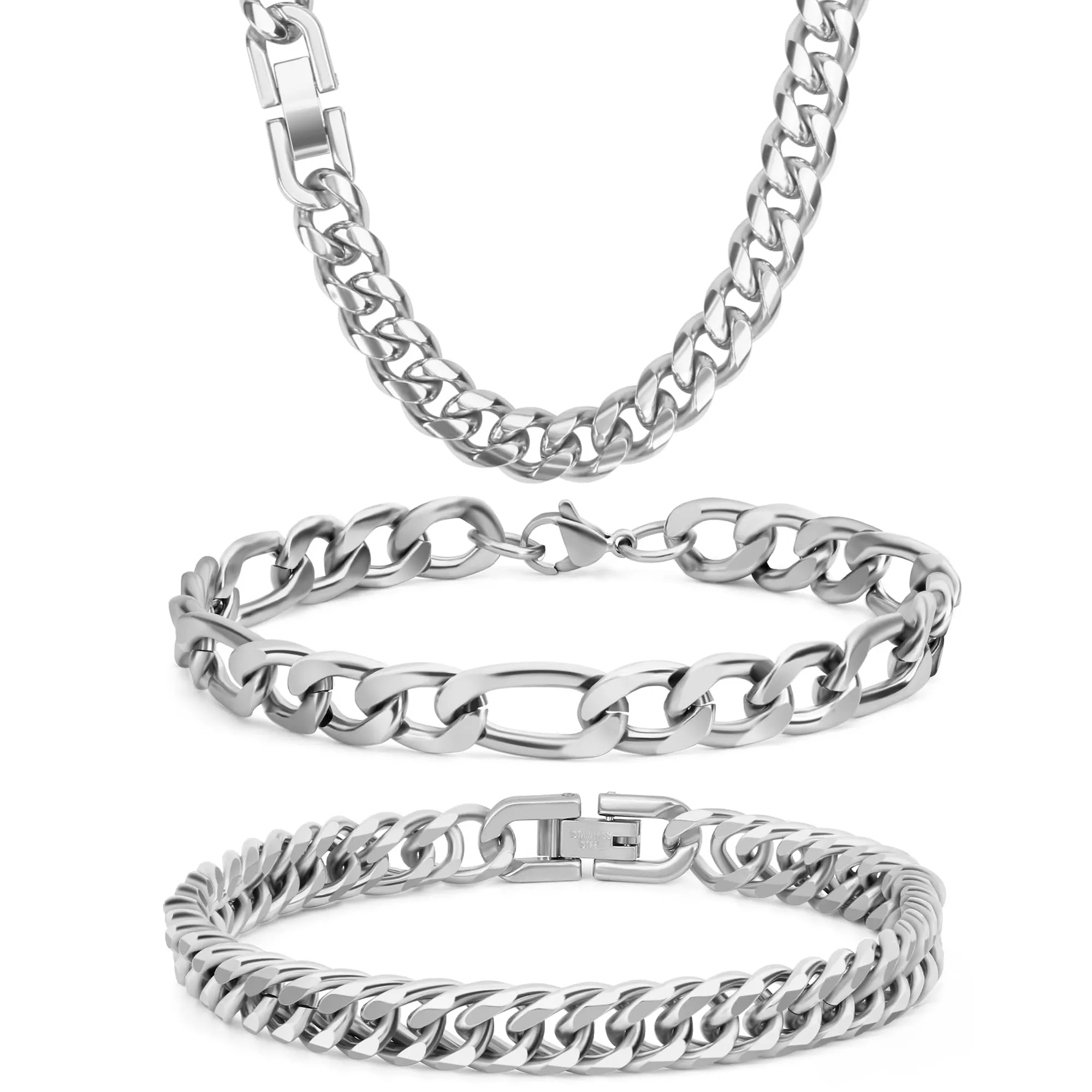 Aospkle Set di 3 Braccialetti a Maglia Cubana in Acciaio Inossidabile 316L, Argento Oro Nero, 8 mm, 7/8/9 pollici - immagine 1