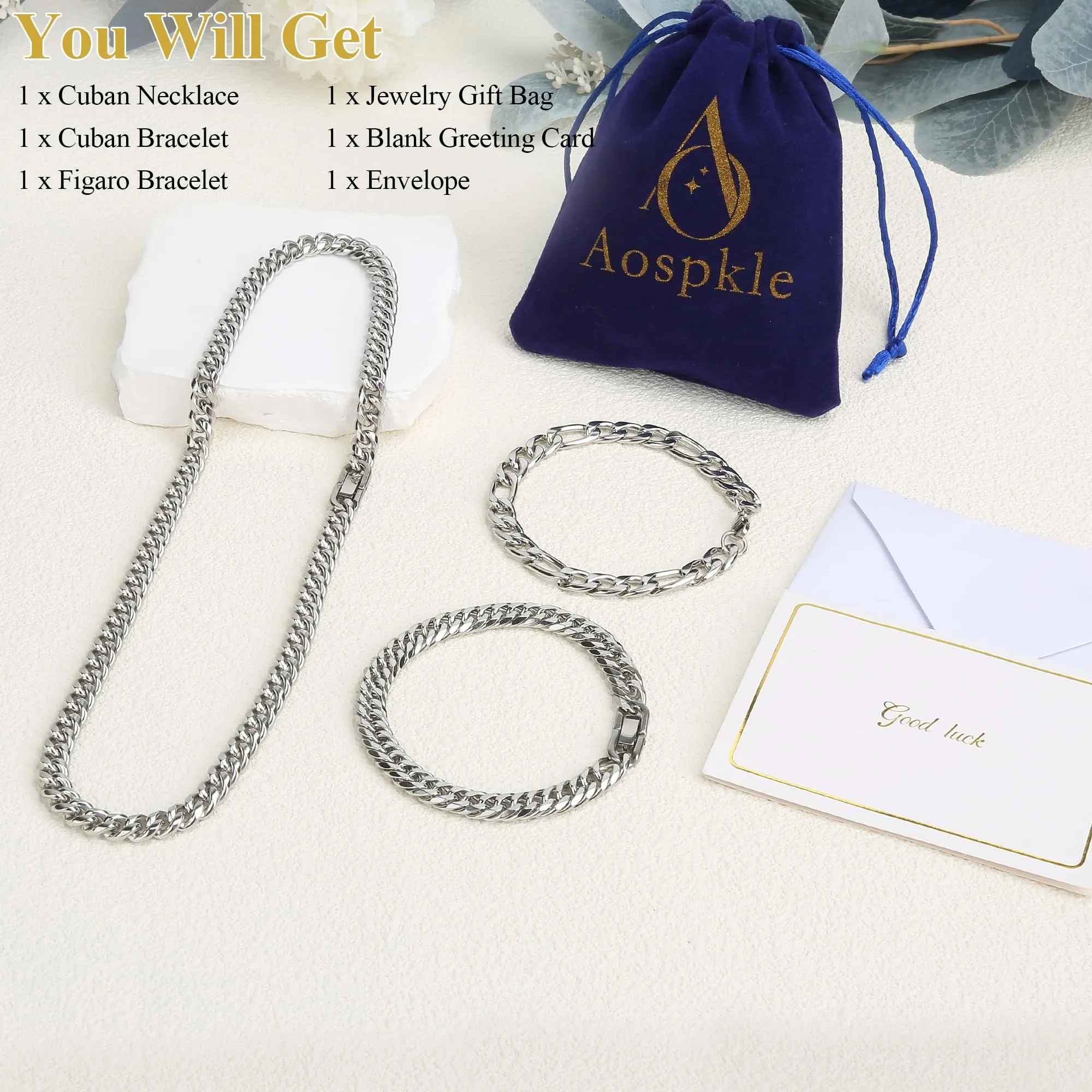 Aospkle Set di 3 Braccialetti a Maglia Cubana in Acciaio Inossidabile 316L, Argento Oro Nero, 8 mm, 7/8/9 pollici - immagine 4