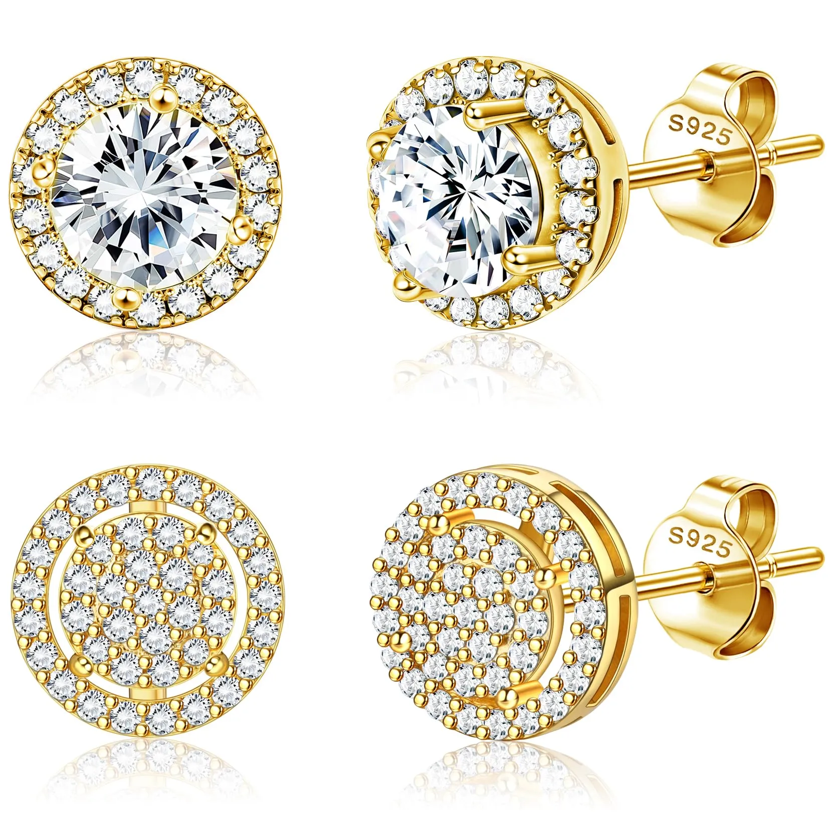 Dochais 2 Paia di orecchini Argento 925 Placcato Oro 14K con Zirconi Cubici Rotondi e Quadrati per Donna e Uomo - immagine 1