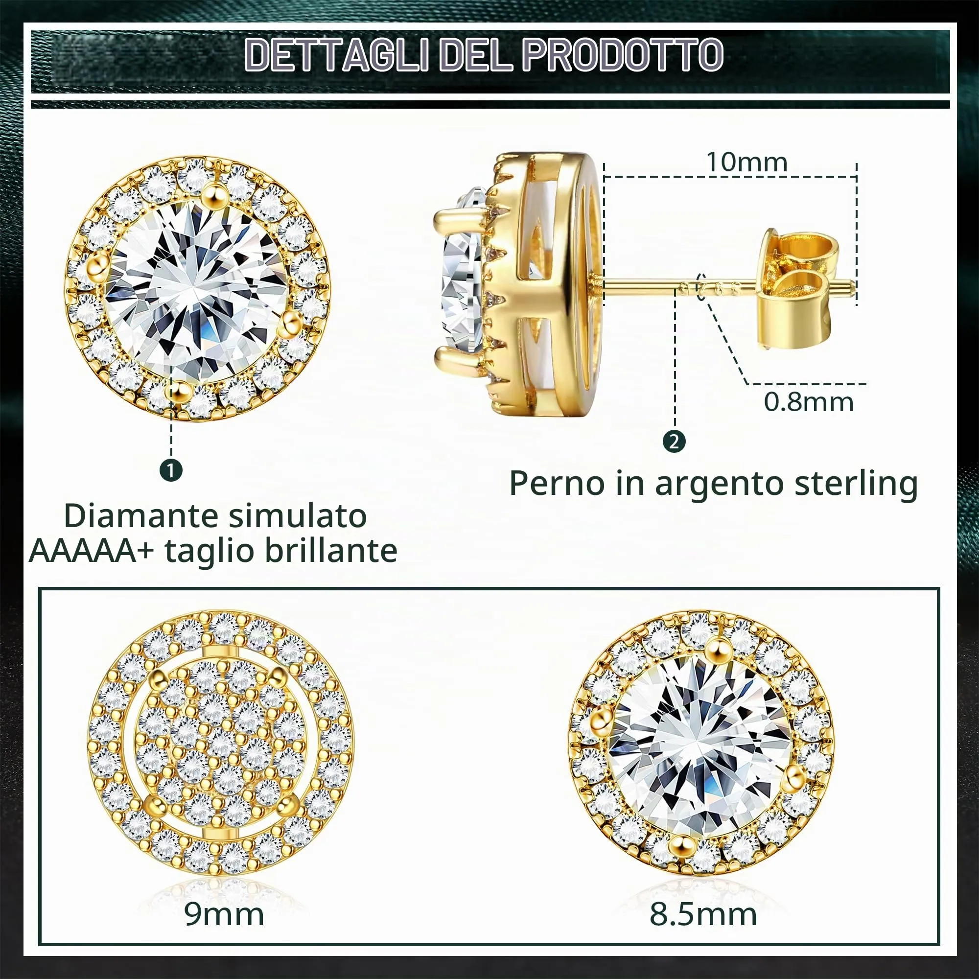 Dochais 2 Paia di orecchini Argento 925 Placcato Oro 14K con Zirconi Cubici Rotondi e Quadrati per Donna e Uomo - immagine 2