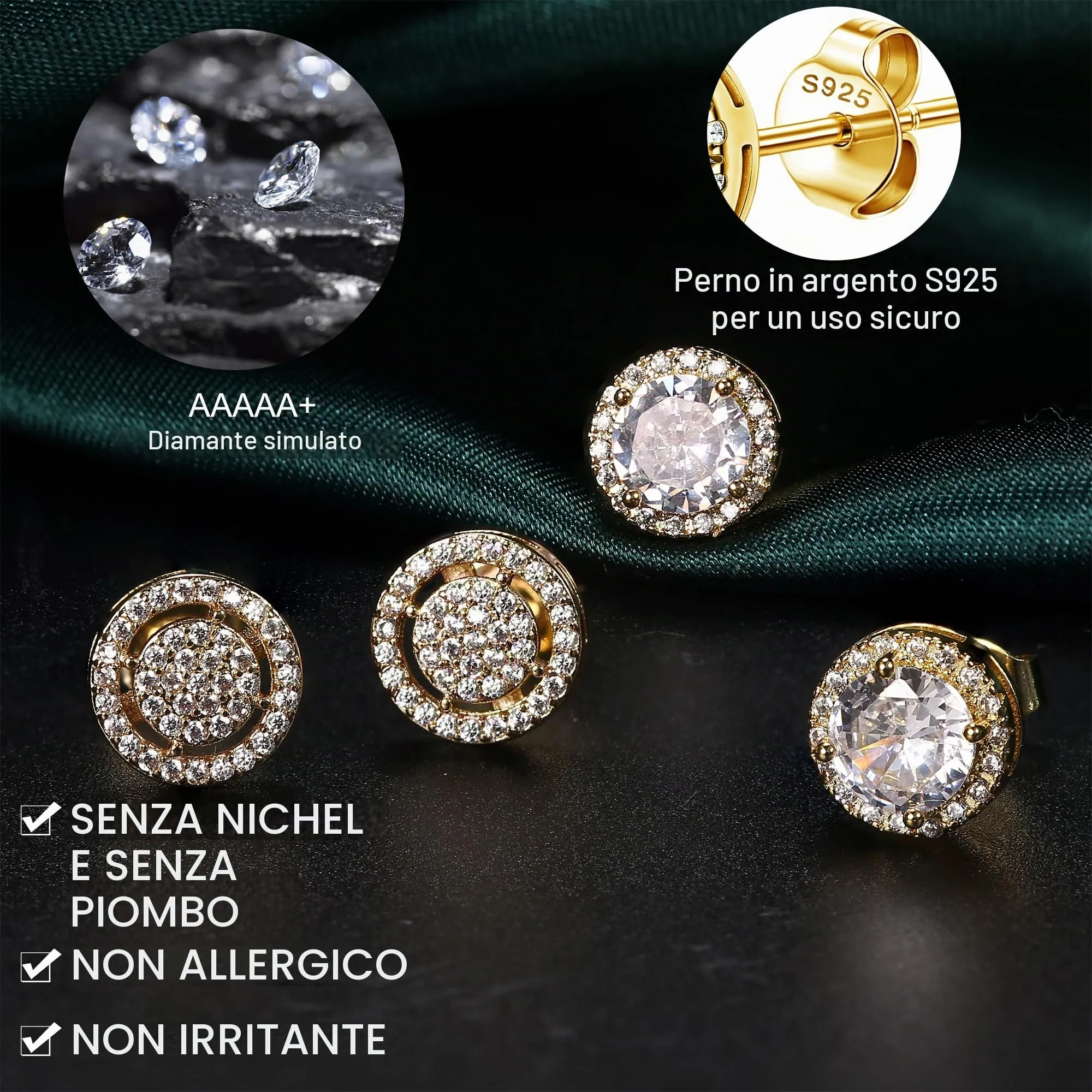 Dochais 2 Paia di orecchini Argento 925 Placcato Oro 14K con Zirconi Cubici Rotondi e Quadrati per Donna e Uomo - immagine 3