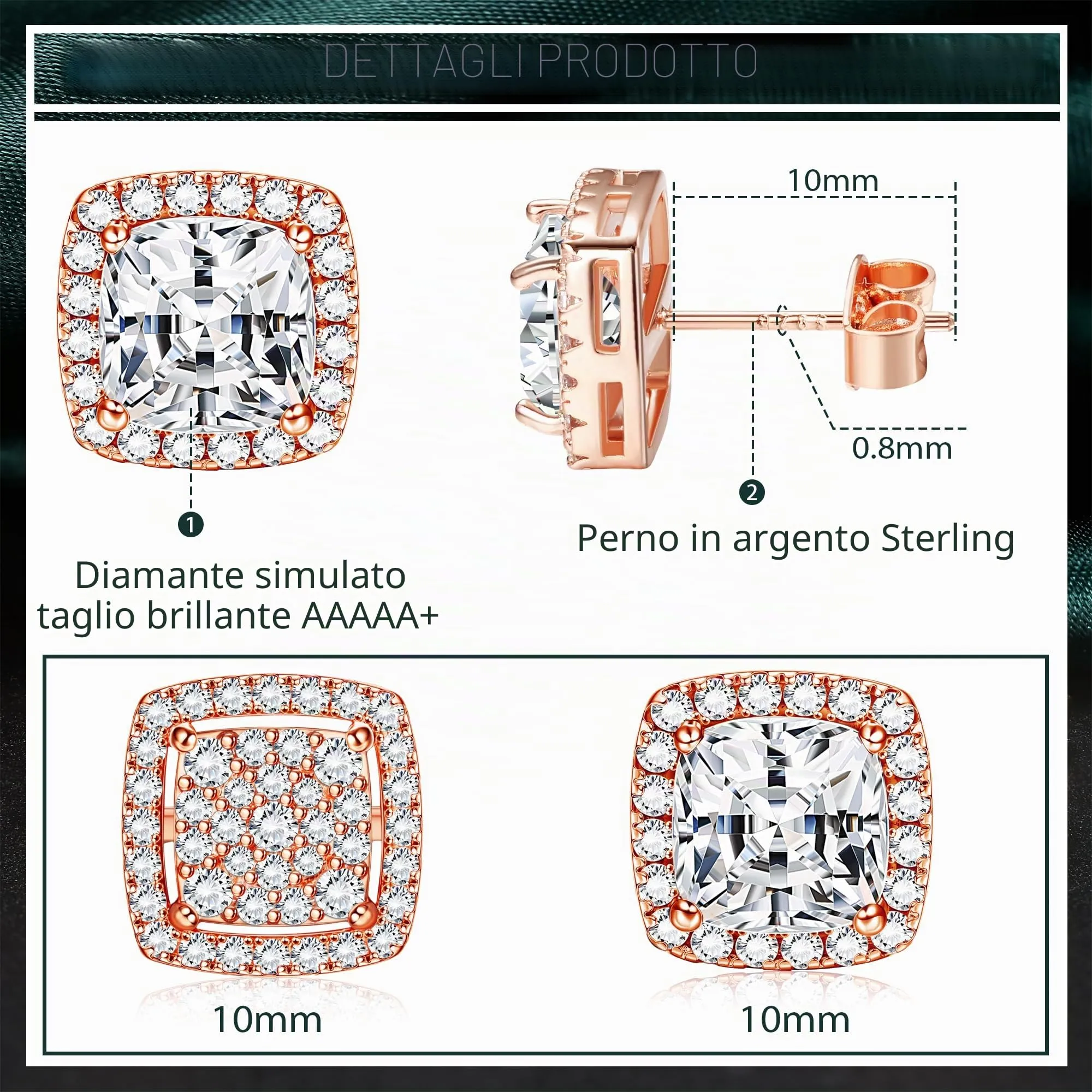 Dochais 2 Paia di orecchini in Argento 925 Placcato Oro 14K con Zirconi Cubici rotondi e quadrati per donna e uomo - immagine 2