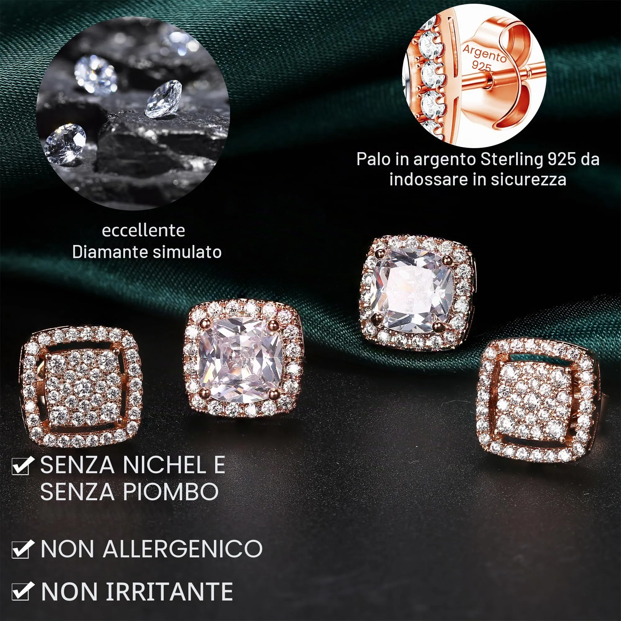 Dochais 2 Paia di orecchini in Argento 925 Placcato Oro 14K con Zirconi Cubici rotondi e quadrati per donna e uomo - immagine 3