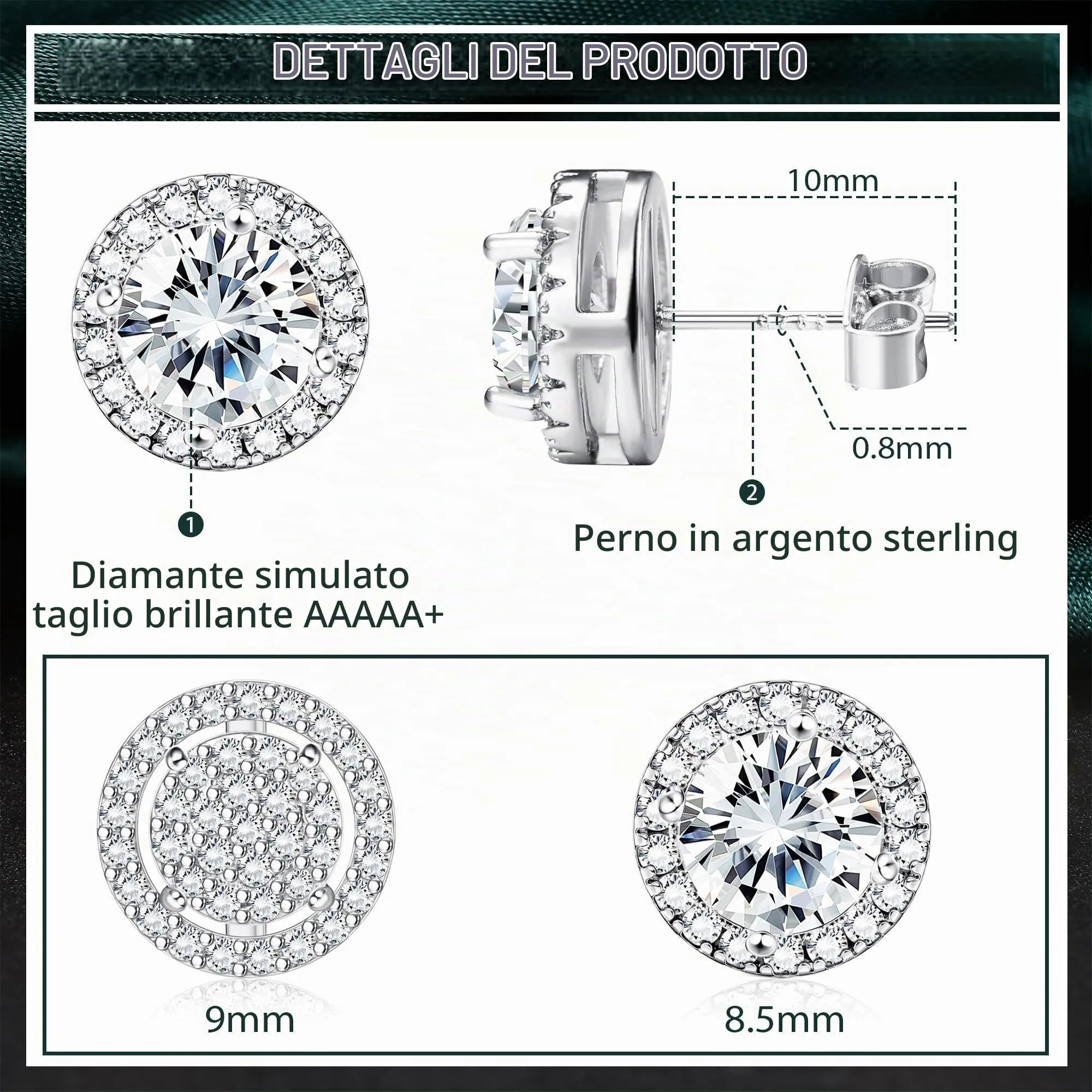Dochais Set di 2 Paia di Orecchini in Argento 925 Placcato Oro 14K con Zirconi Cubici Rotondi e Quadrati per Donna e Uomo - immagine 2