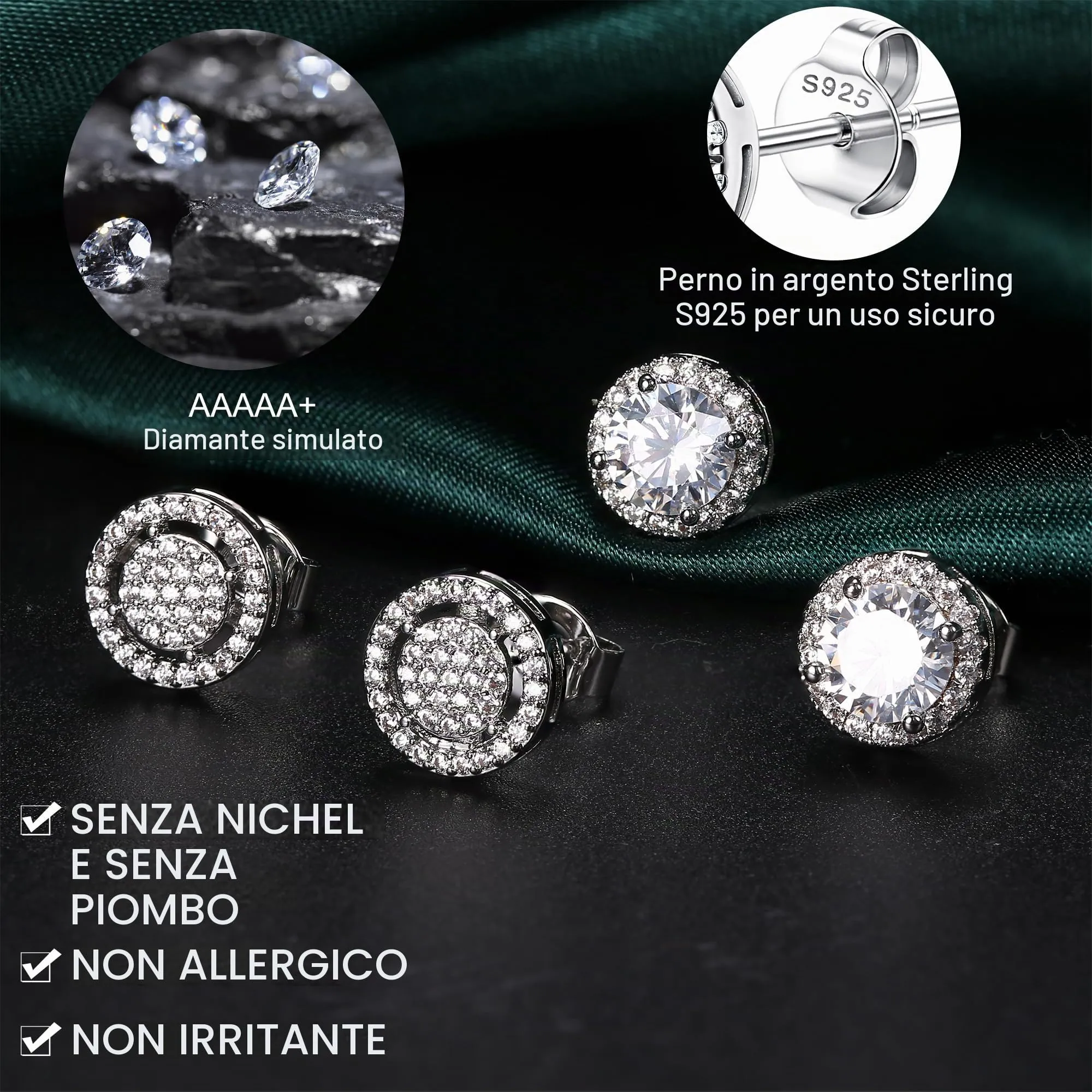 Dochais Set di 2 Paia di Orecchini in Argento 925 Placcato Oro 14K con Zirconi Cubici Rotondi e Quadrati per Donna e Uomo - immagine 3