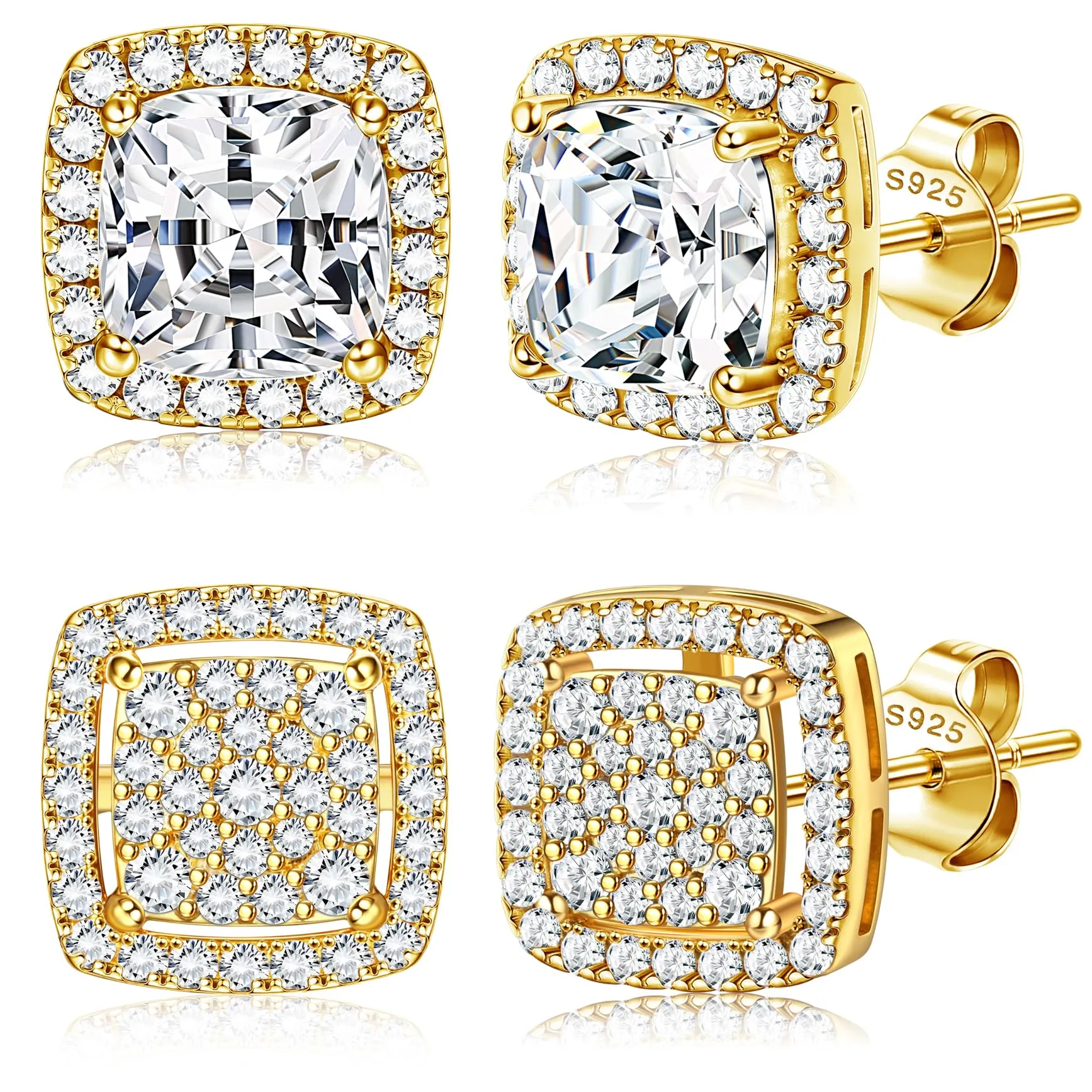 Dochais 2 Paia di Orecchini in Argento 925 Placcato Oro 14K con Zirconi Cubici Rotondi e Quadrati per Donna e Uomo - immagine 1