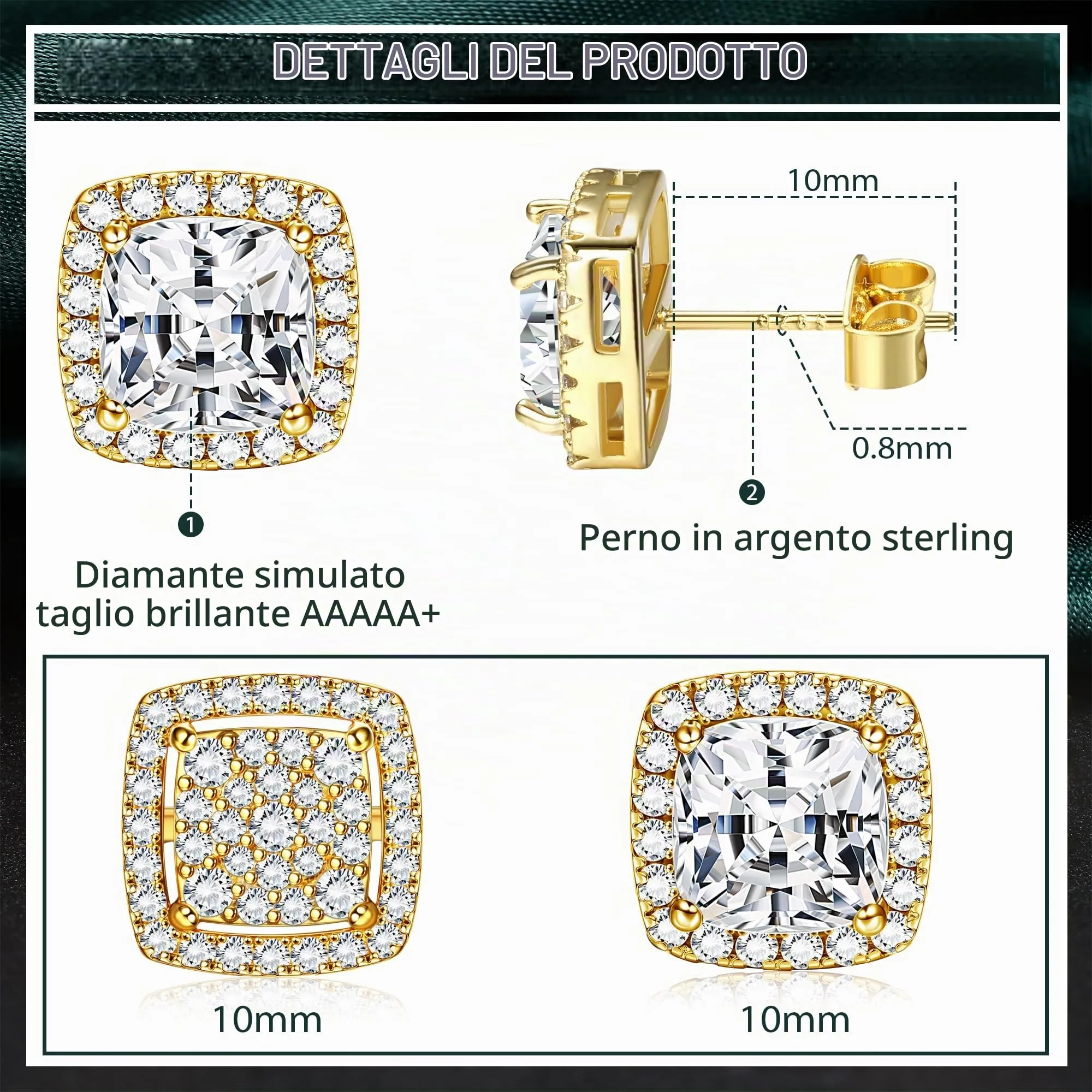 Dochais 2 Paia di Orecchini in Argento 925 Placcato Oro 14K con Zirconi Cubici Rotondi e Quadrati per Donna e Uomo - immagine 2