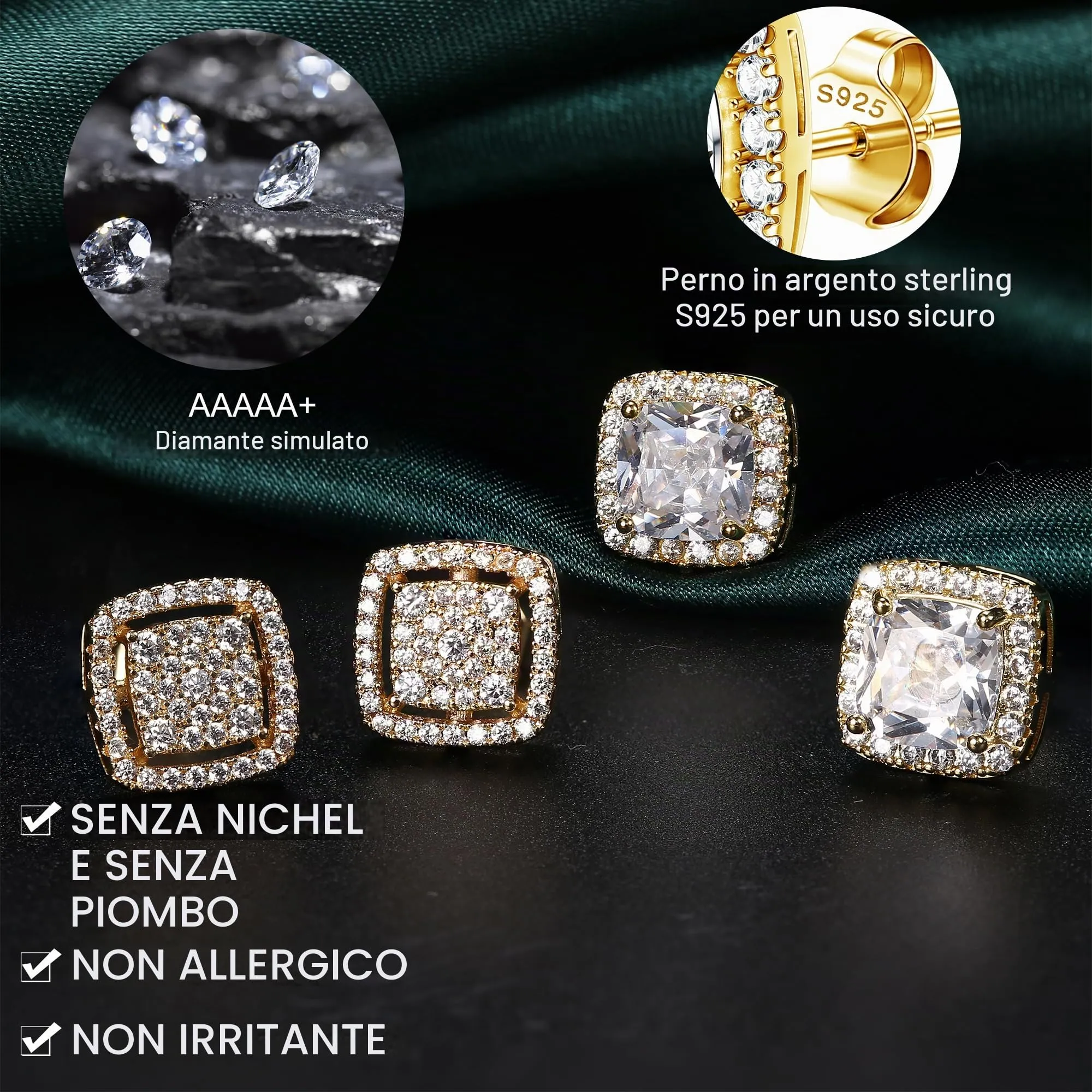 Dochais 2 Paia di Orecchini in Argento 925 Placcato Oro 14K con Zirconi Cubici Rotondi e Quadrati per Donna e Uomo - immagine 3