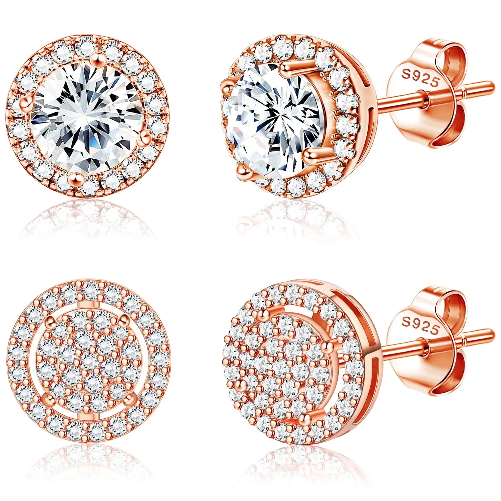 Dochais 2 Paia di Orecchini in Argento 925 Placcato Oro 14K con Zirconi Cubici Rotondi e Quadrati per Donna e Uomo - immagine 1