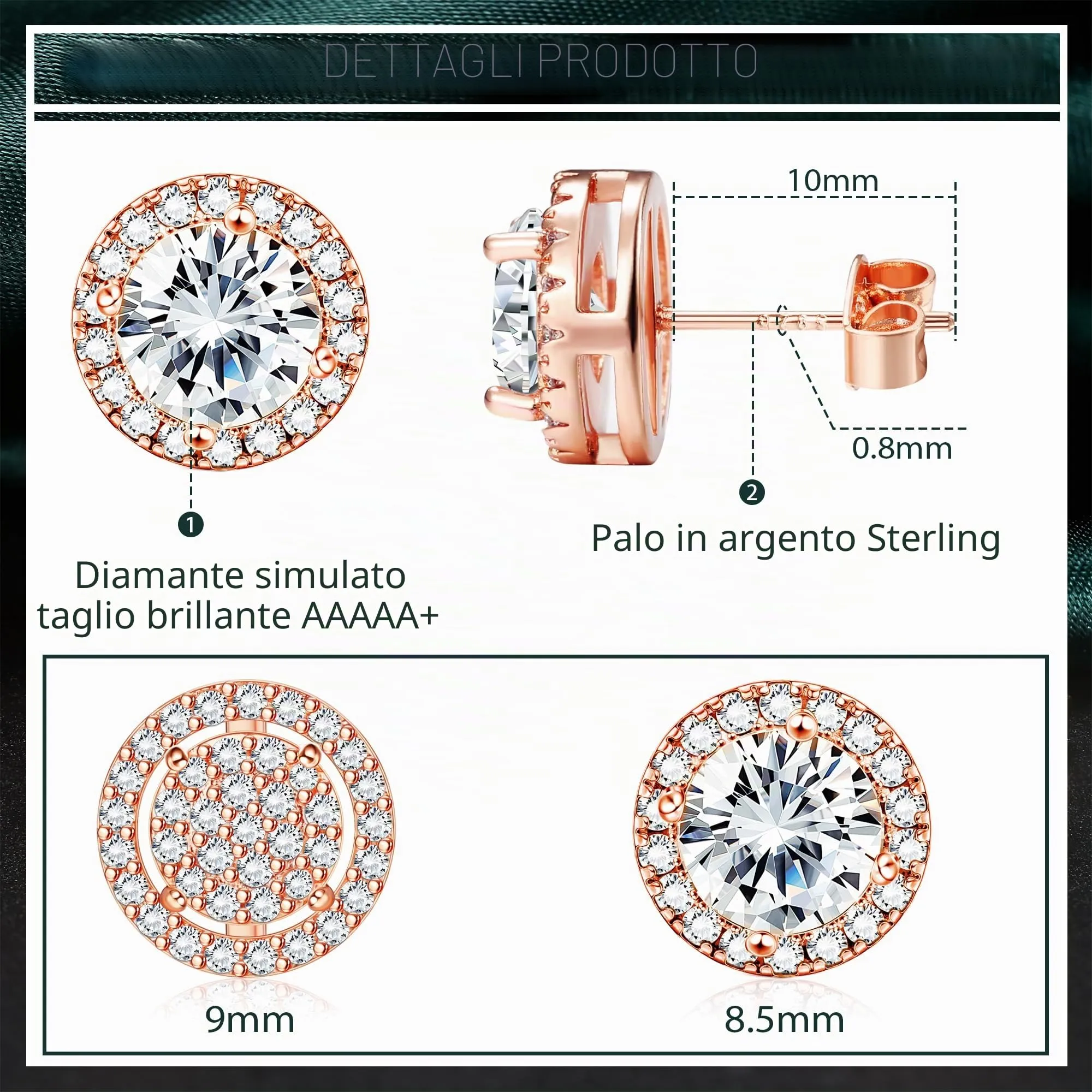 Dochais 2 Paia di Orecchini in Argento 925 Placcato Oro 14K con Zirconi Cubici Rotondi e Quadrati per Donna e Uomo - immagine 2