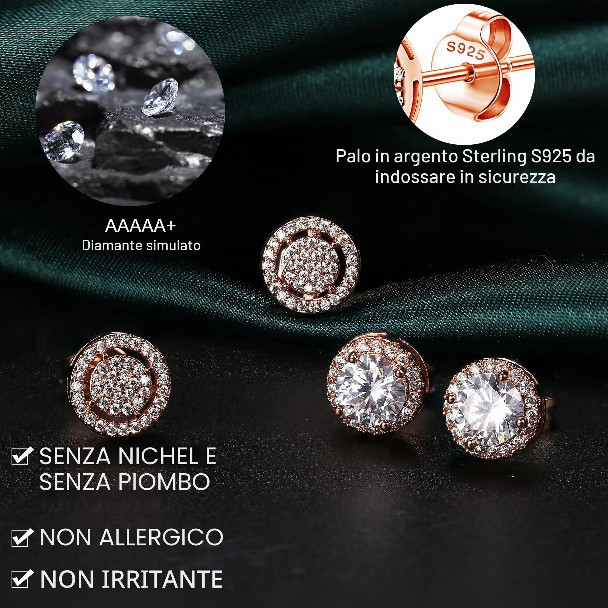 Dochais 2 Paia di Orecchini in Argento 925 Placcato Oro 14K con Zirconi Cubici Rotondi e Quadrati per Donna e Uomo - immagine 3