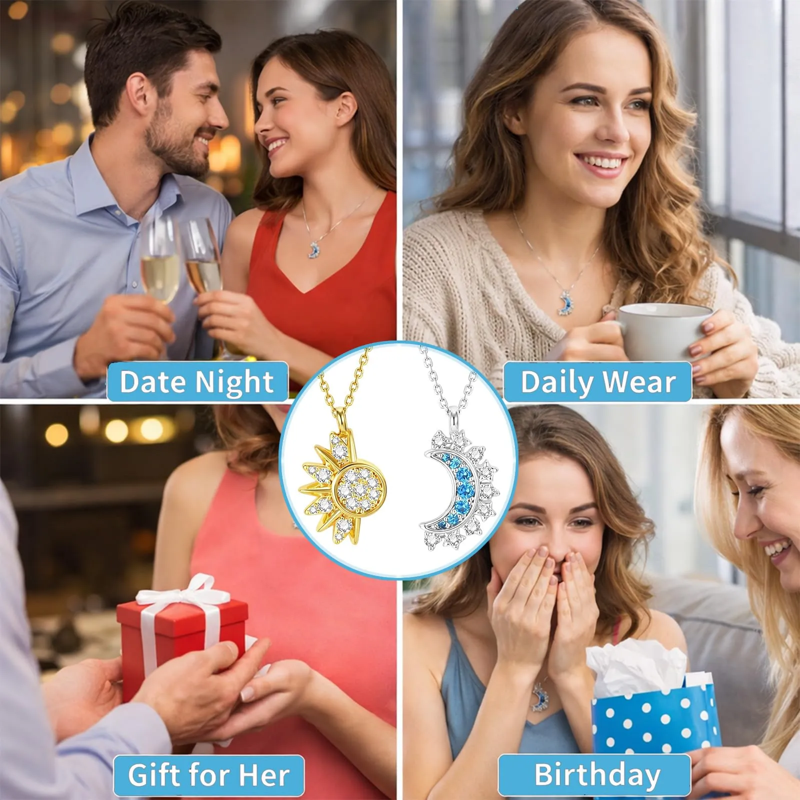 LEIIERUY Partnerketten aus Edelstahl mit Sonne & Mond Design und Edelstein-Anhänger - immagine 7