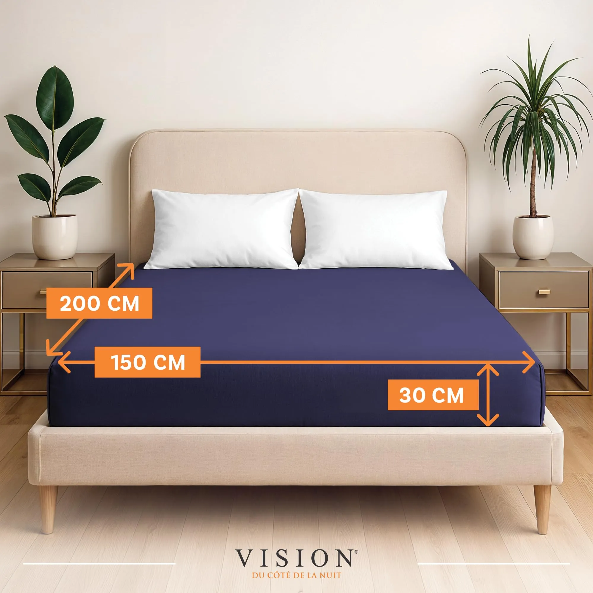 VISION Lenzuolo con angoli 100% cotone, Letto matrimoniale (150 x 200 cm), Blu Navy - immagine 2