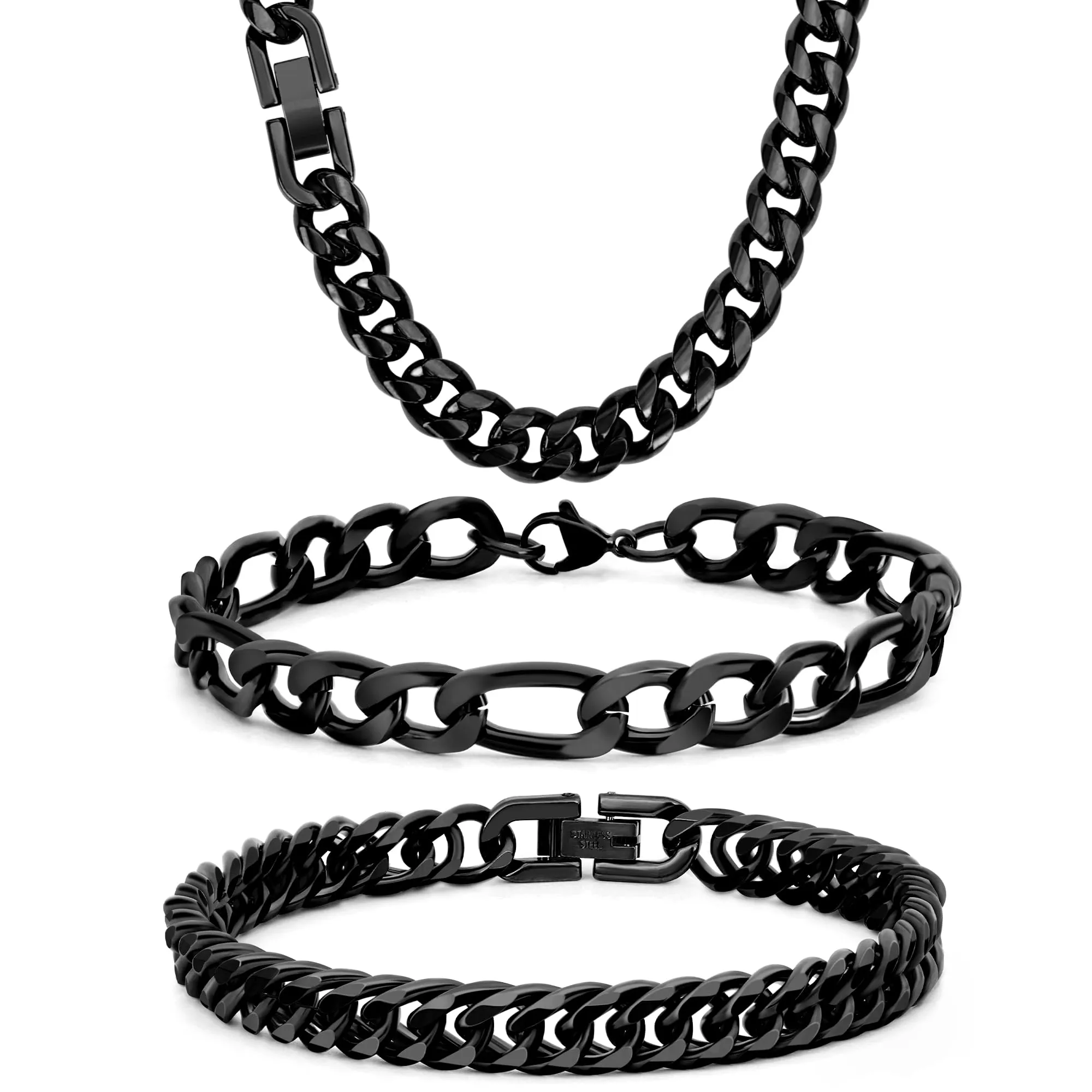 Aospkle Set di 3 braccialetti a maglia cubana, acciaio inossidabile 316L, argento oro nero, 8 mm, 7/8/9 pollici - immagine 1