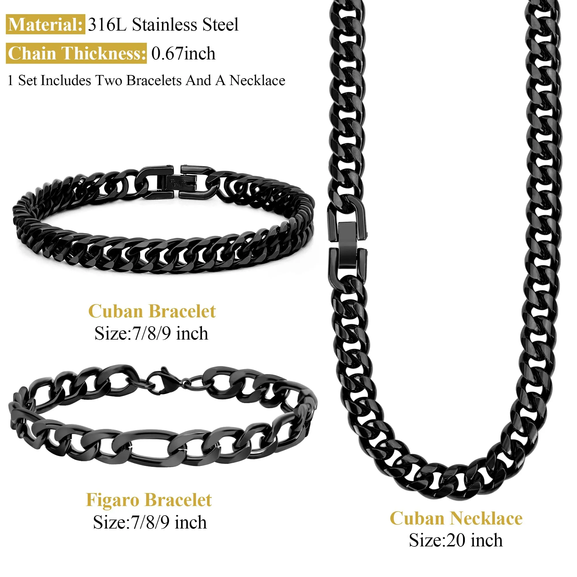 Aospkle Set di 3 braccialetti a maglia cubana, acciaio inossidabile 316L, argento oro nero, 8 mm, 7/8/9 pollici - immagine 2