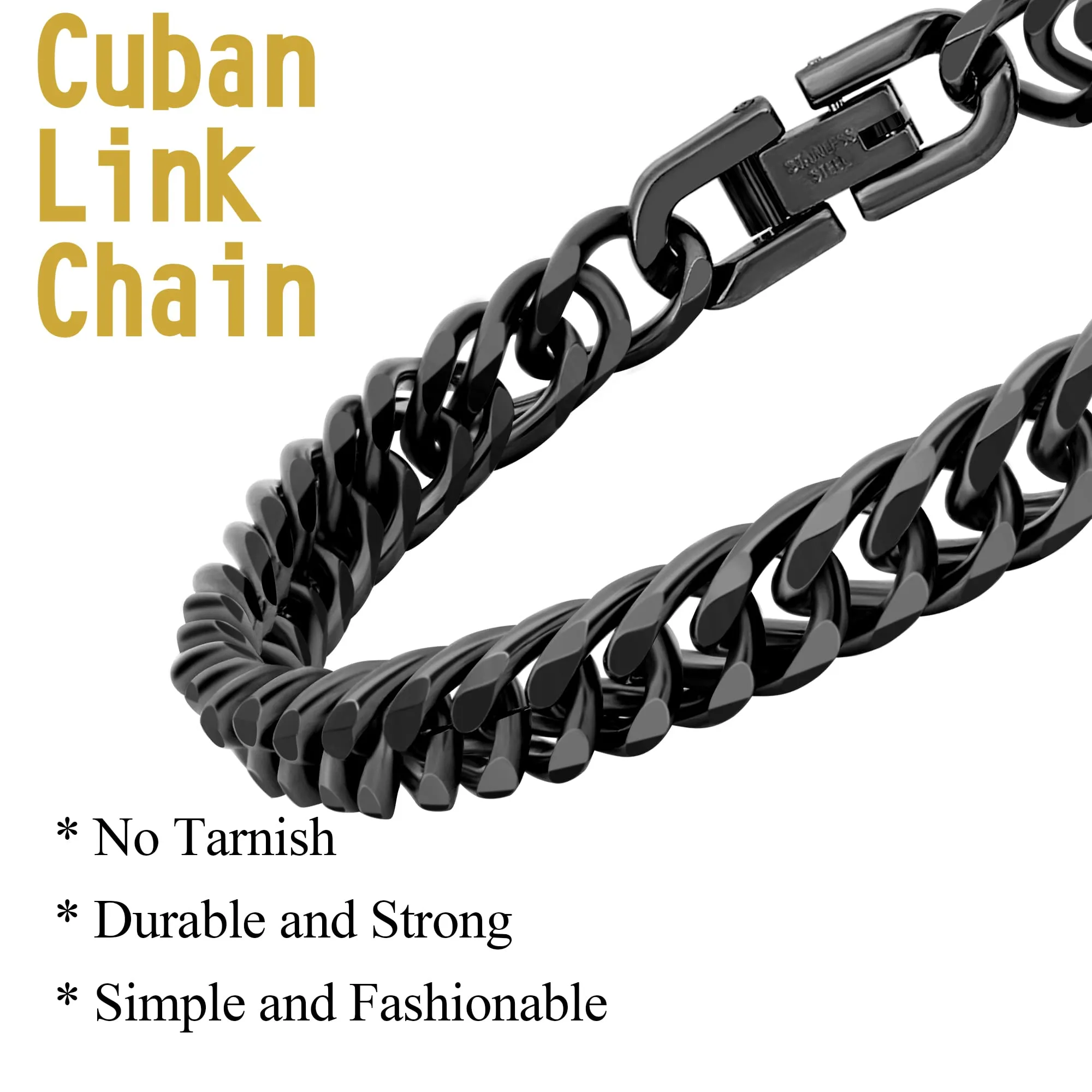 Aospkle Set di 3 braccialetti a maglia cubana, acciaio inossidabile 316L, argento oro nero, 8 mm, 7/8/9 pollici - immagine 3