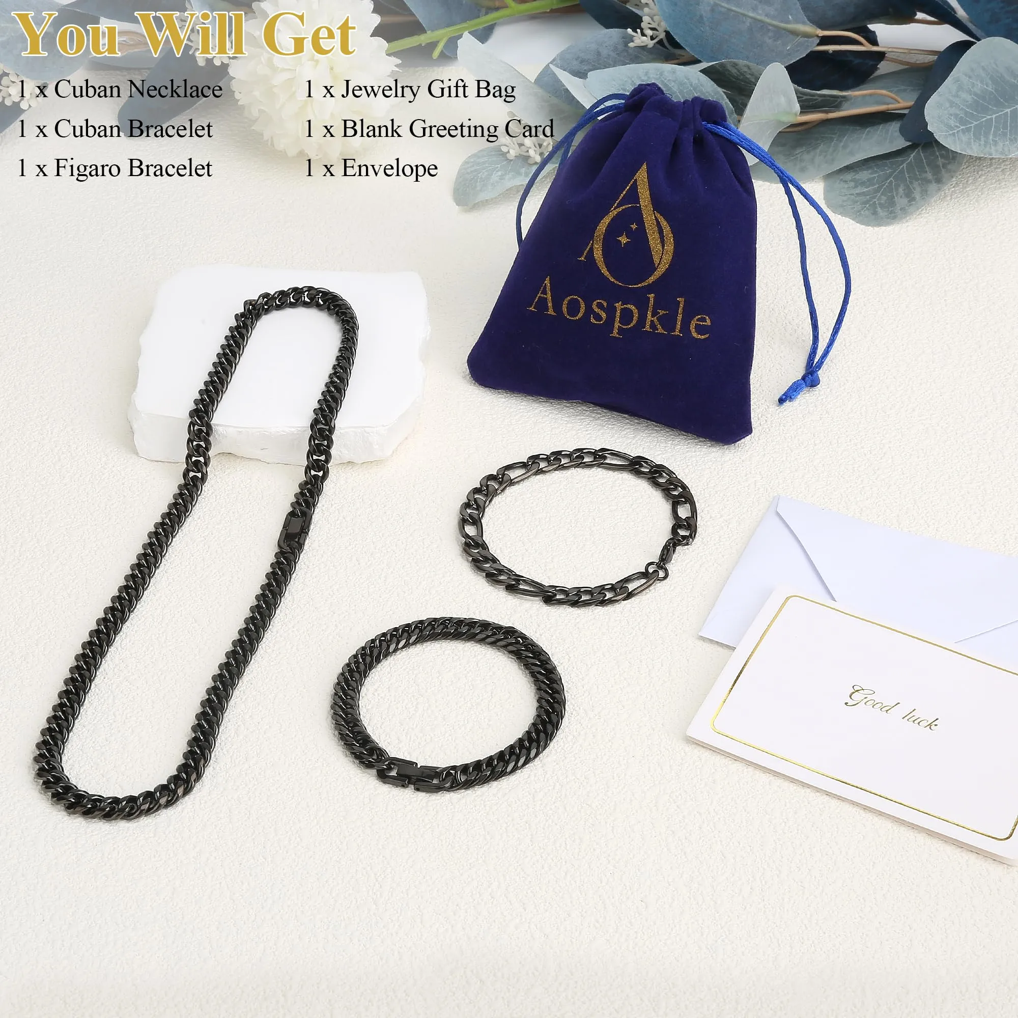 Aospkle Set di 3 braccialetti a maglia cubana, acciaio inossidabile 316L, argento oro nero, 8 mm, 7/8/9 pollici - immagine 4