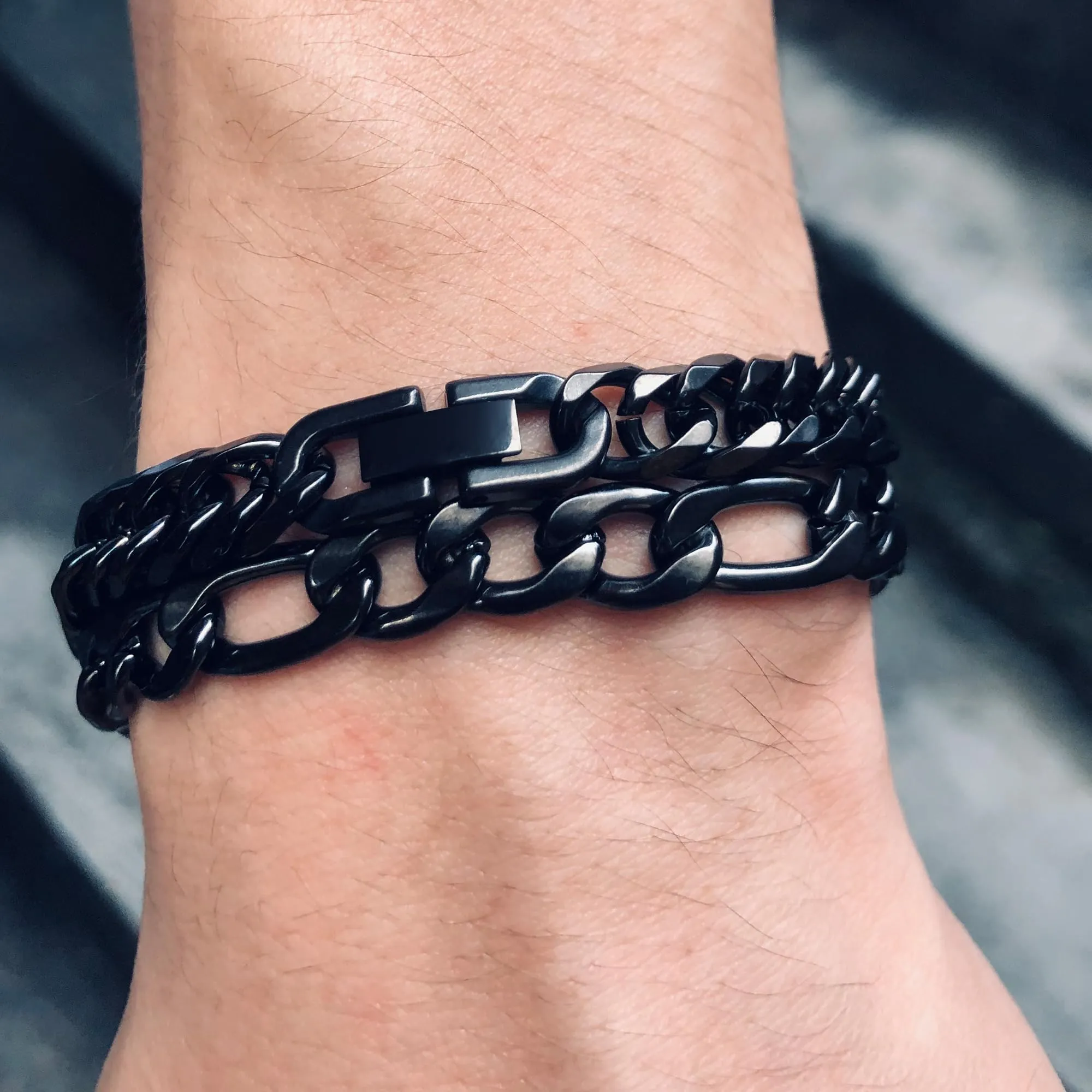 Aospkle Set di 3 braccialetti a maglia cubana, acciaio inossidabile 316L, argento oro nero, 8 mm, 7/8/9 pollici - immagine 5