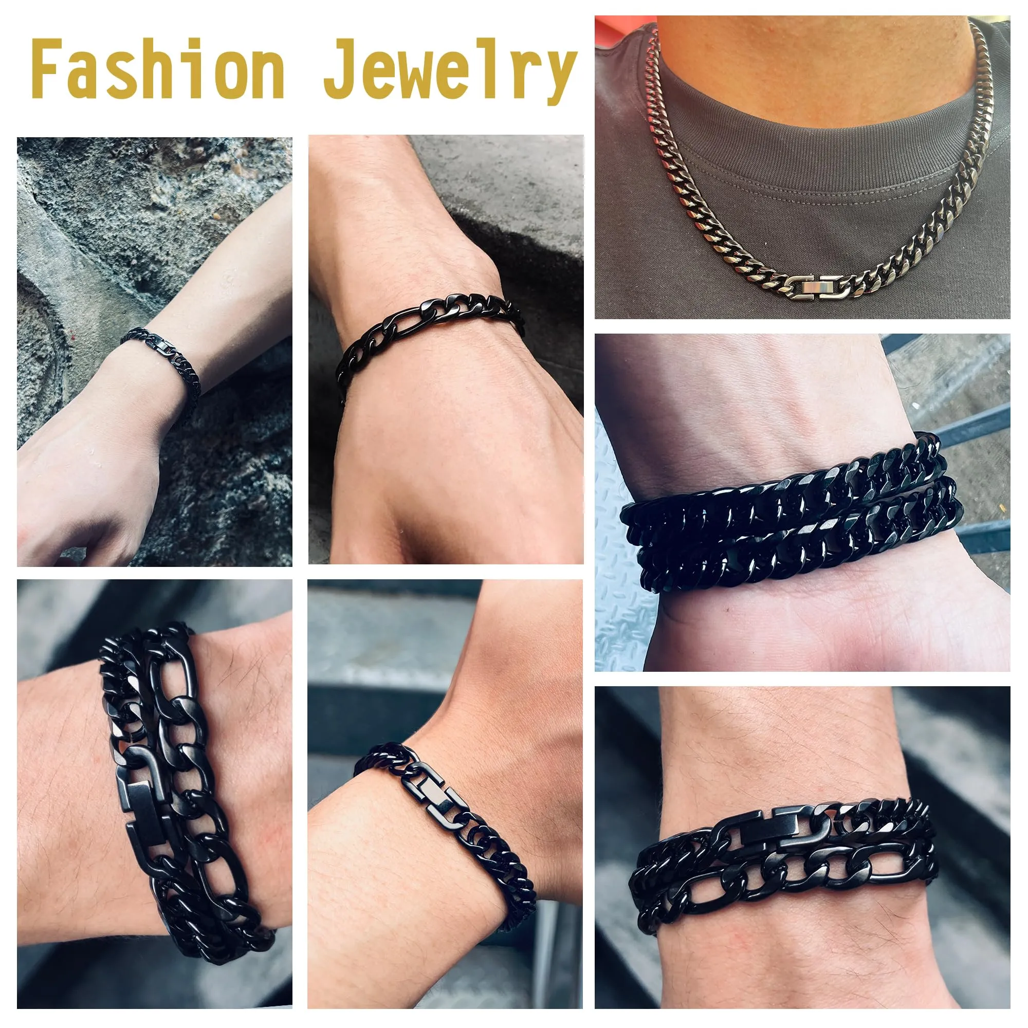 Aospkle Set di 3 braccialetti a maglia cubana, acciaio inossidabile 316L, argento oro nero, 8 mm, 7/8/9 pollici - immagine 6