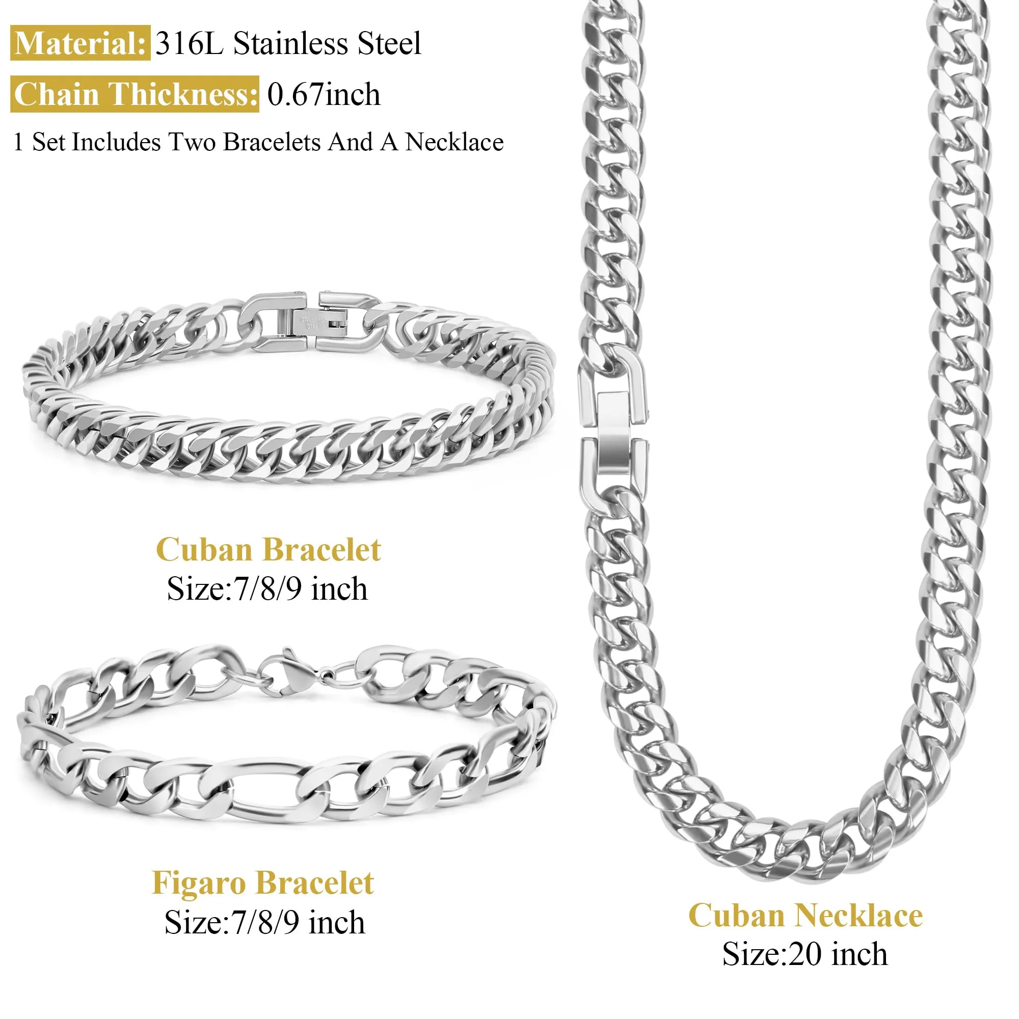 Aospkle Set di 3 Braccialetti a Maglia Cubana in Acciaio Inossidabile 316L, Argento Oro Nero, 8 mm, 7/8/9 pollici - immagine 2