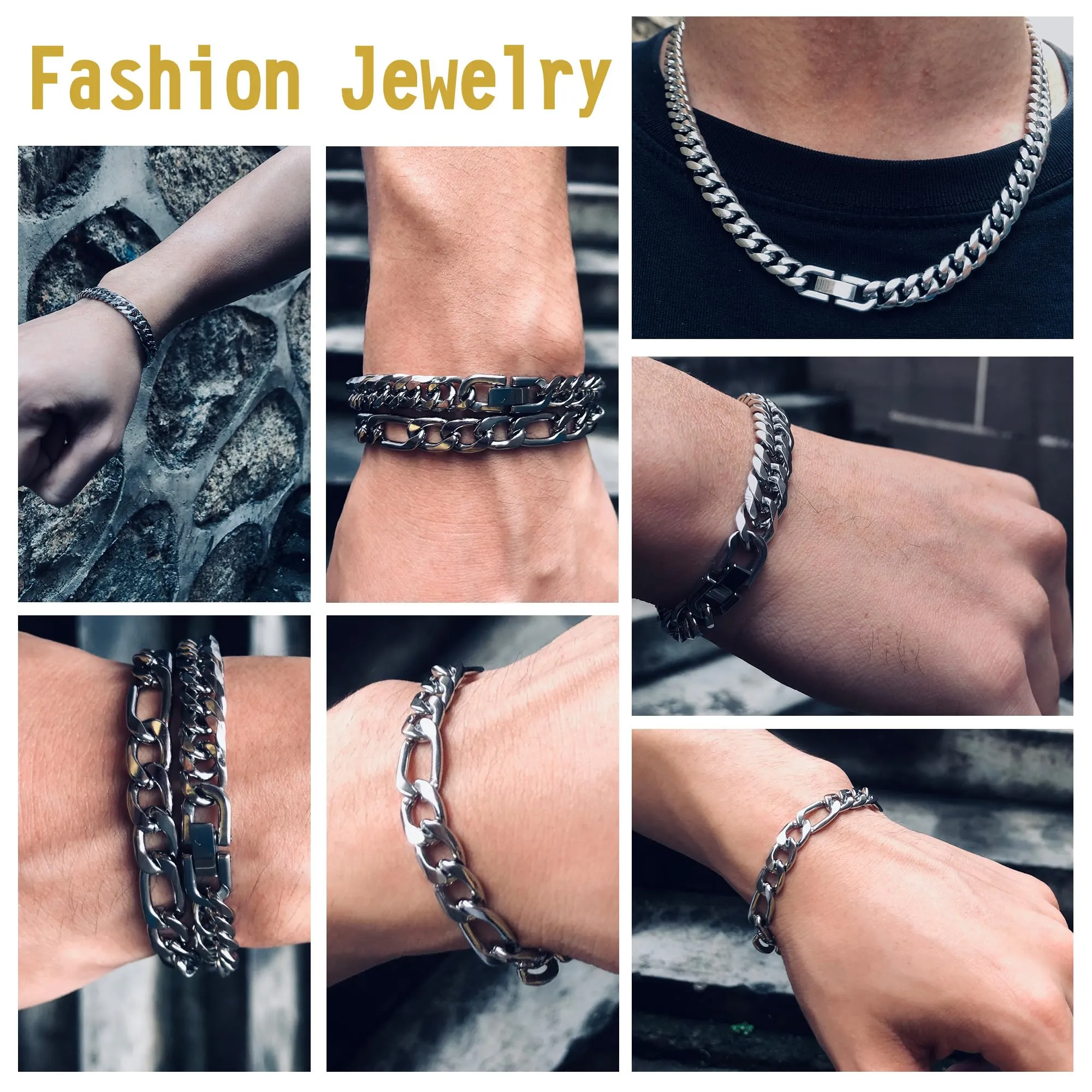 Aospkle Set di 3 Braccialetti a Maglia Cubana in Acciaio Inossidabile 316L, Argento Oro Nero, 8 mm, 7/8/9 pollici - immagine 6