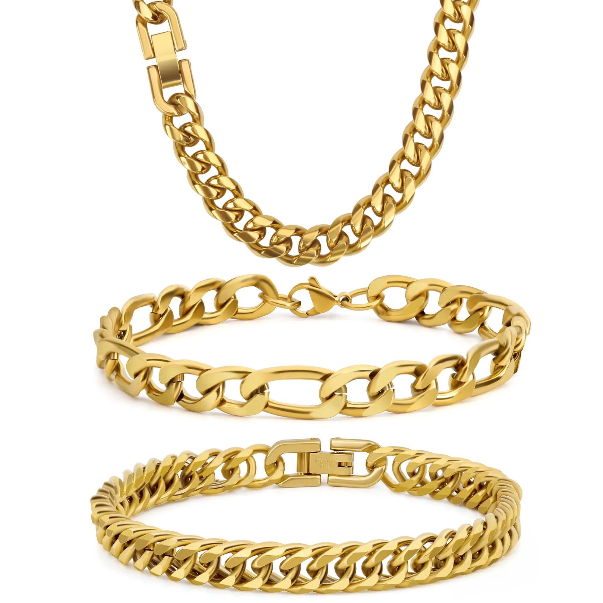 Aospkle Set di 3 Braccialetti a Maglia Cubana in Acciaio Inossidabile 316L, Argento Oro Nero, 8 mm, 7/8/9 pollici - immagine 1