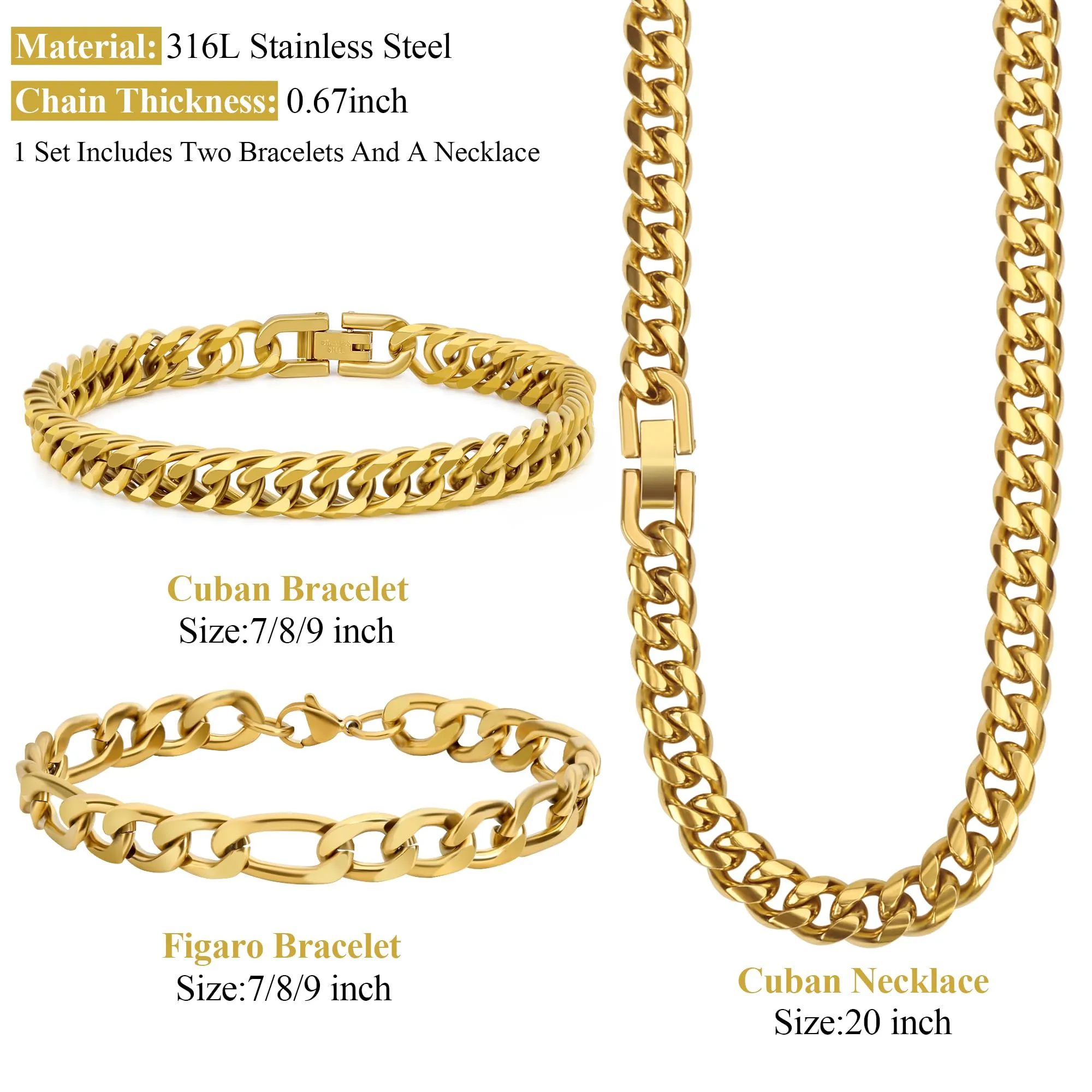 Aospkle Set di 3 Braccialetti a Maglia Cubana in Acciaio Inossidabile 316L, Argento Oro Nero, 8 mm, 7/8/9 pollici - immagine 2