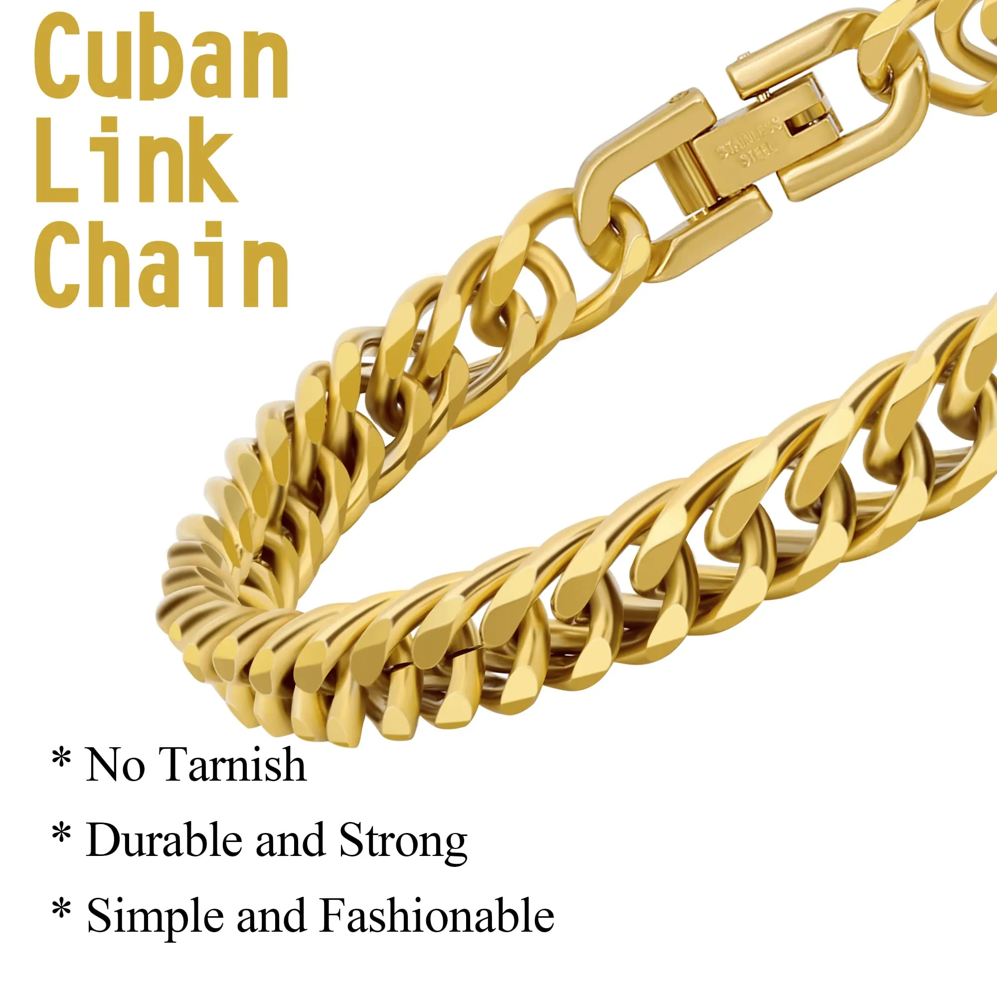Aospkle Set di 3 Braccialetti a Maglia Cubana in Acciaio Inossidabile 316L, Argento Oro Nero, 8 mm, 7/8/9 pollici - immagine 3