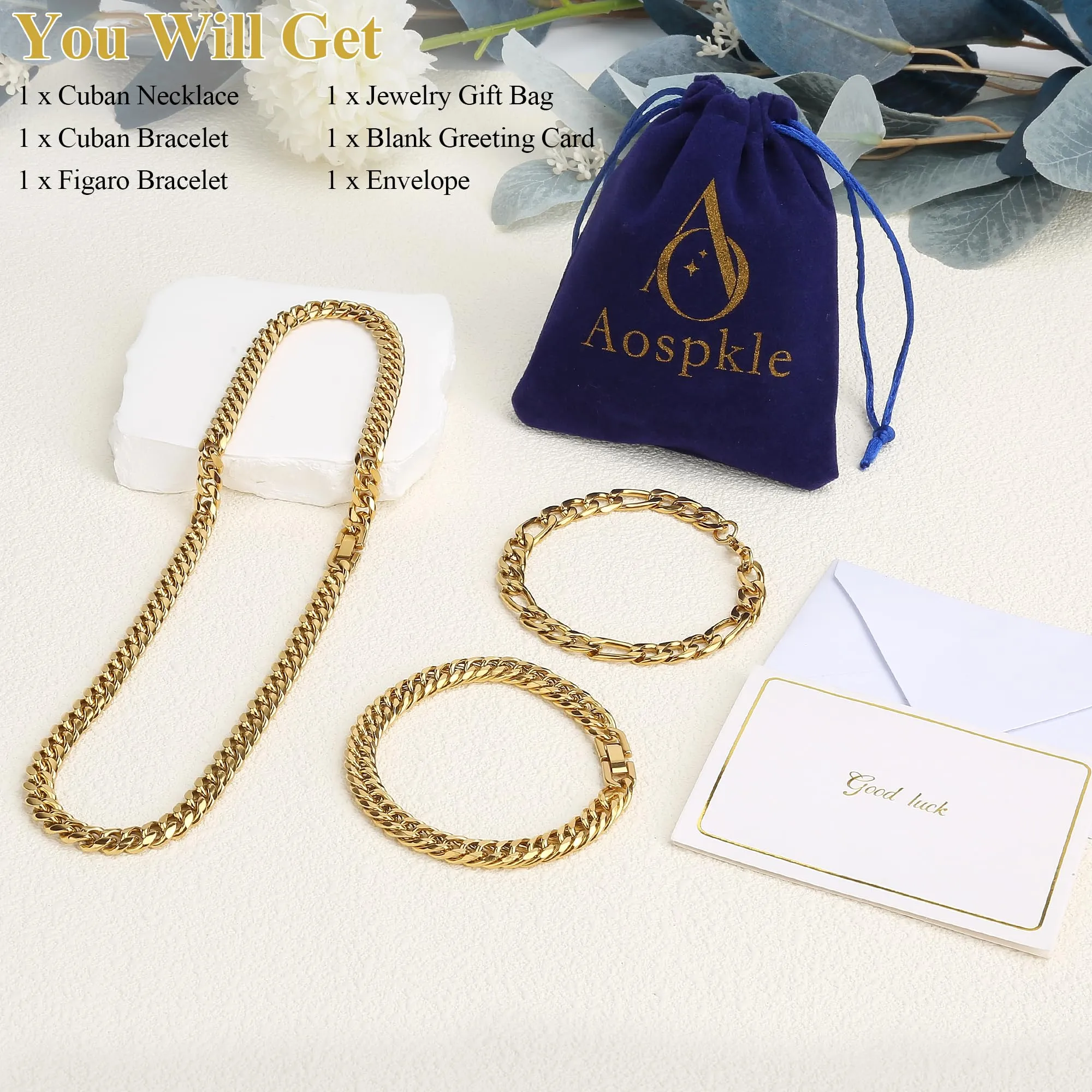Aospkle Set di 3 Braccialetti a Maglia Cubana in Acciaio Inossidabile 316L, Argento Oro Nero, 8 mm, 7/8/9 pollici - immagine 4