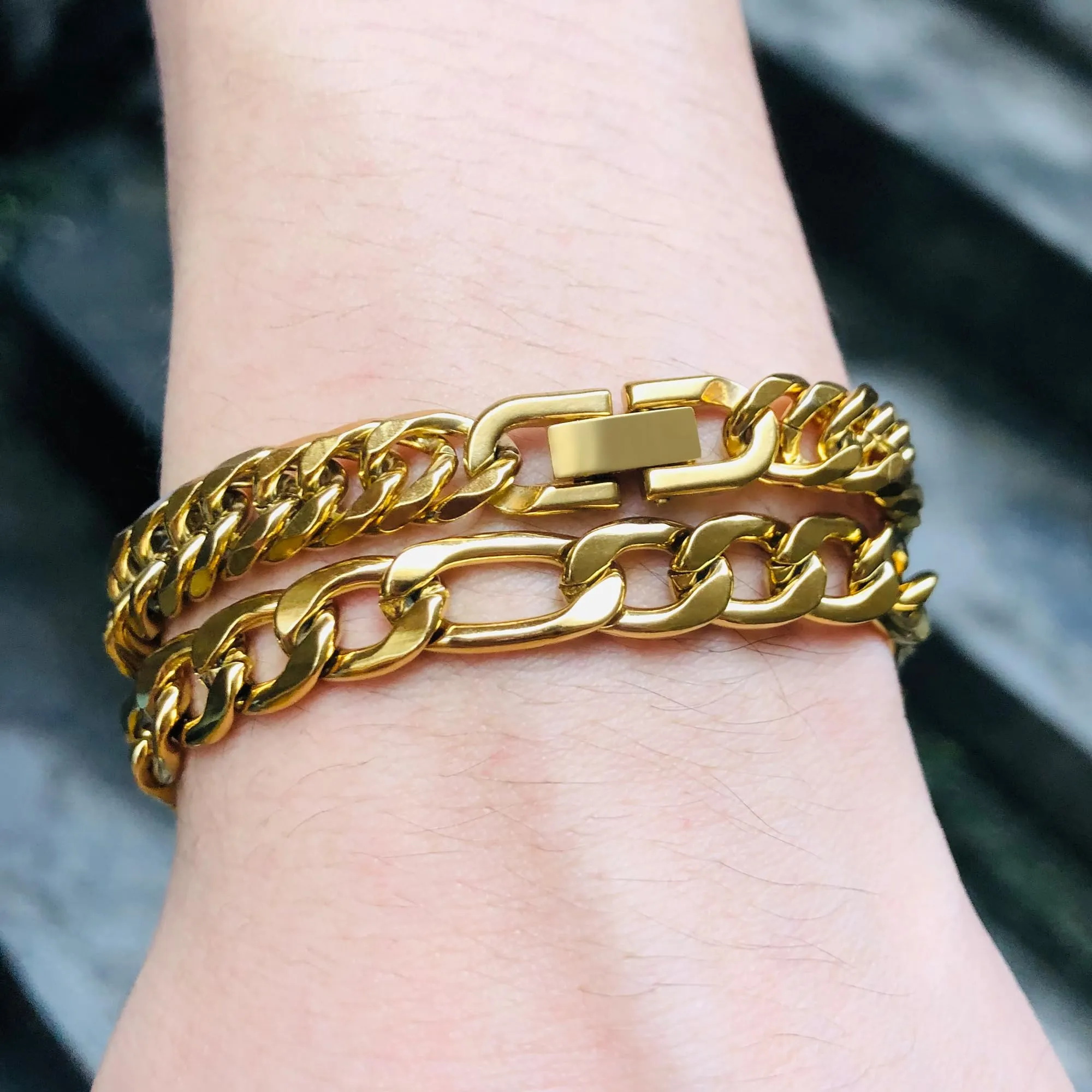 Aospkle Set di 3 Braccialetti a Maglia Cubana in Acciaio Inossidabile 316L, Argento Oro Nero, 8 mm, 7/8/9 pollici - immagine 5