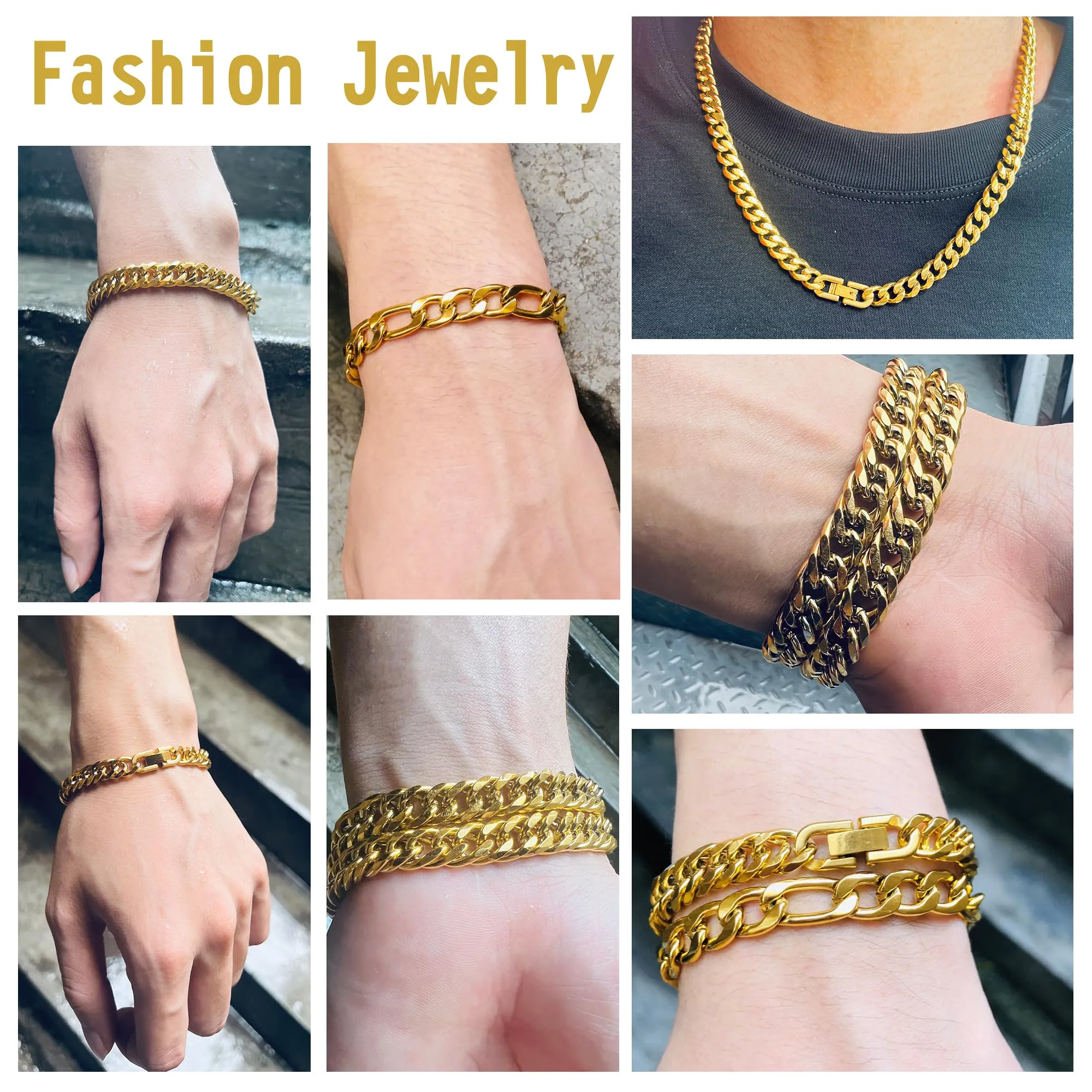 Aospkle Set di 3 Braccialetti a Maglia Cubana in Acciaio Inossidabile 316L, Argento Oro Nero, 8 mm, 7/8/9 pollici - immagine 6