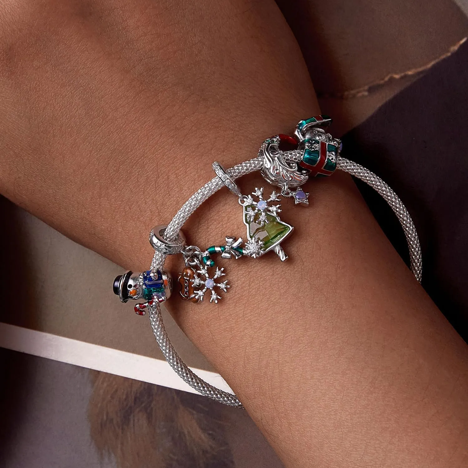 NINGAN Charm di Natale in Argento 925 con Babbo Natale, Fiocchi di Neve, Albero di Natale e Zirconia Cubica - immagine 2